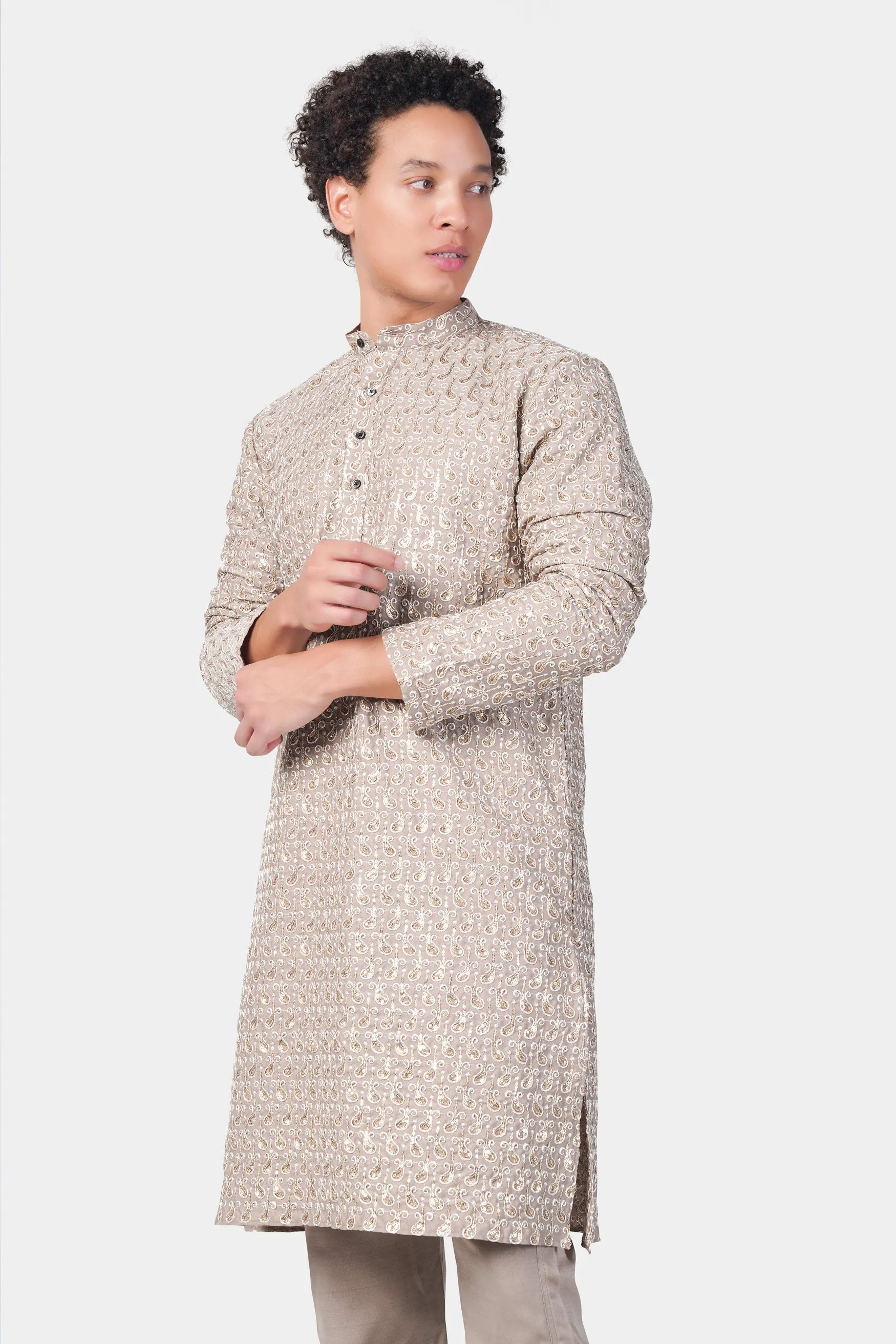 Foggy Brown Paisley Pattern Thread and Sequin Embroidered Subtle Sheen Viscose Designer Kurta Set sold by French Crown product image thumbnail 5