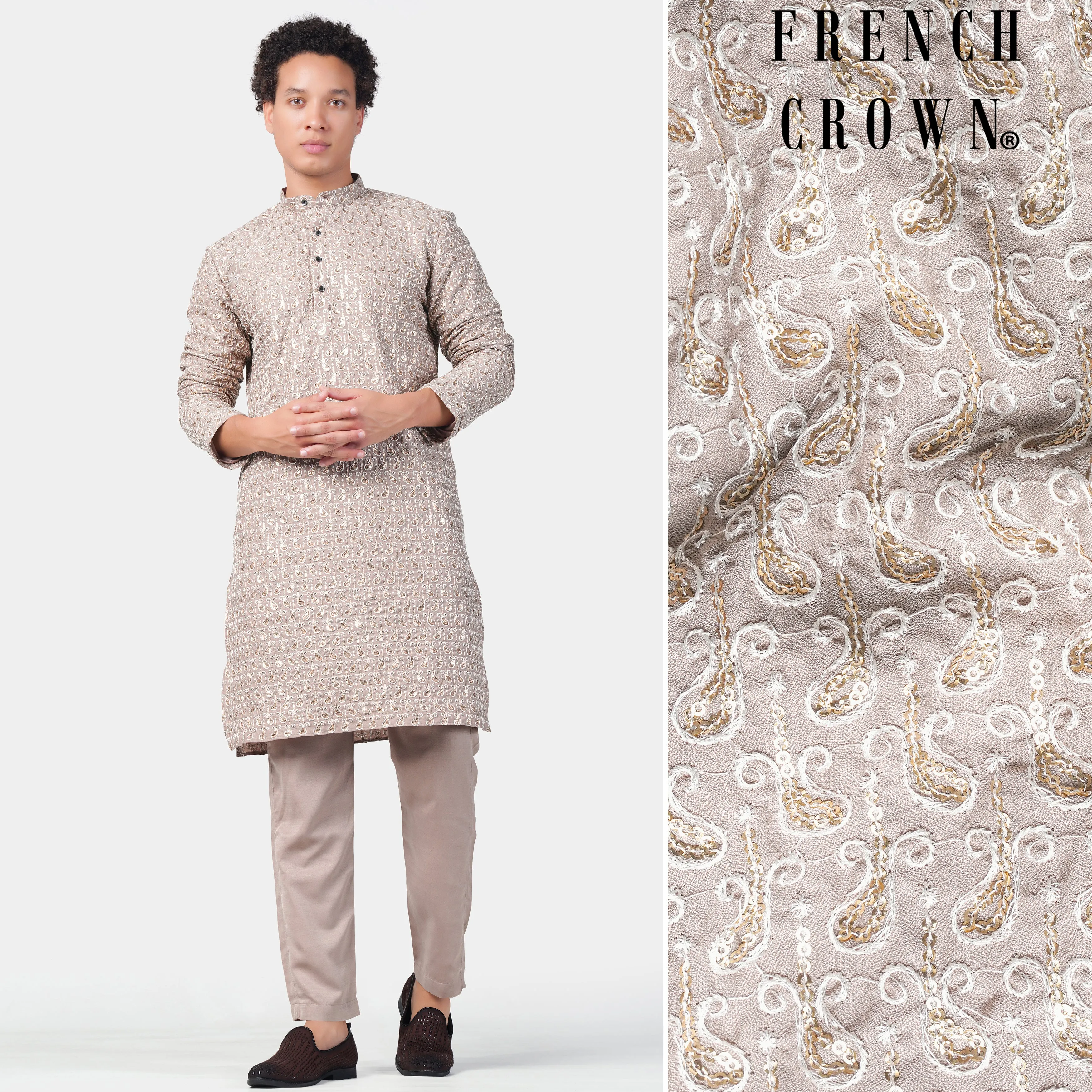 Foggy Brown Paisley Pattern Thread and Sequin Embroidered Subtle Sheen Viscose Designer Kurta Set sold by French Crown