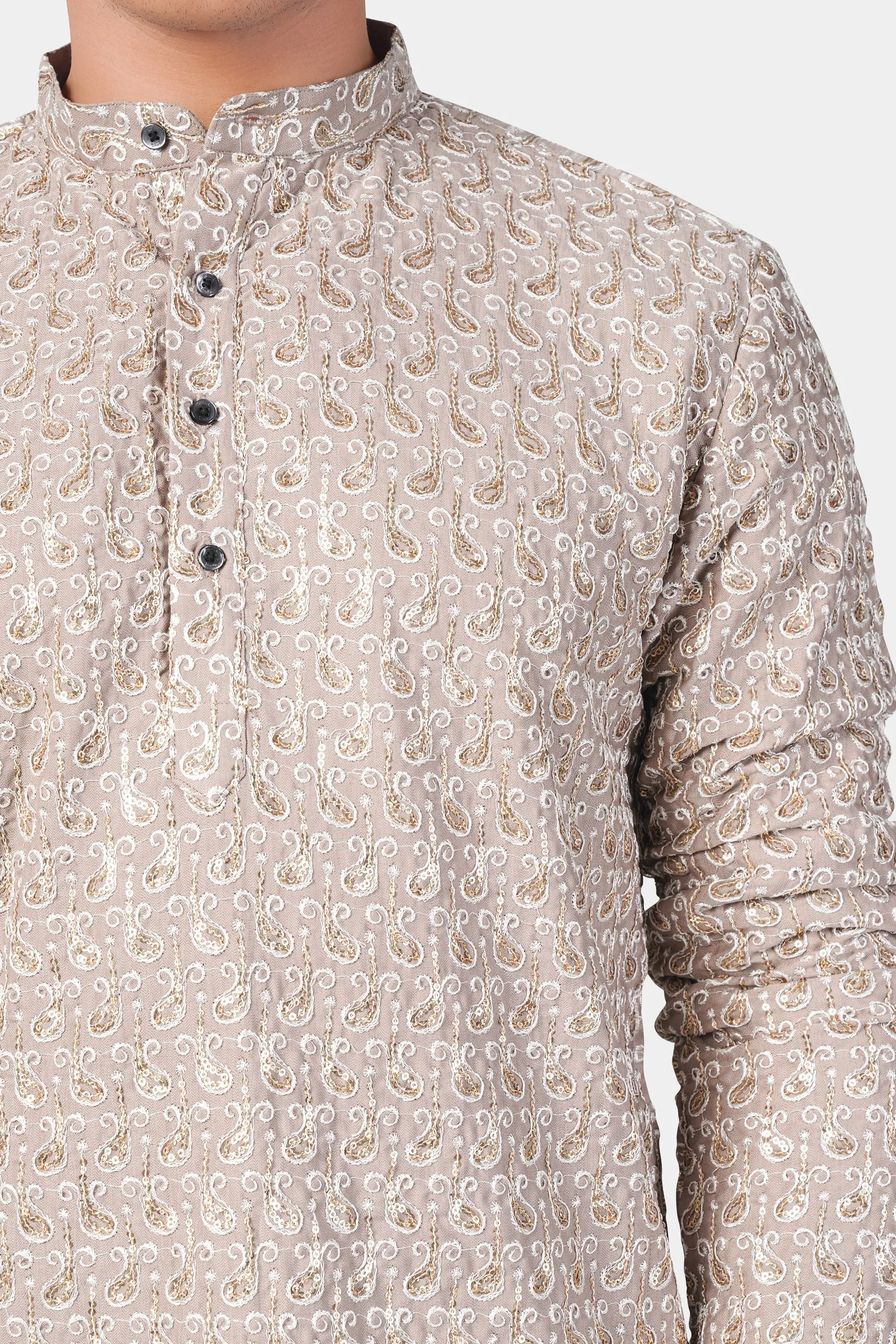 Foggy Brown Paisley Pattern Thread and Sequin Embroidered Subtle Sheen Viscose Designer Kurta Set sold by French Crown product image thumbnail 4