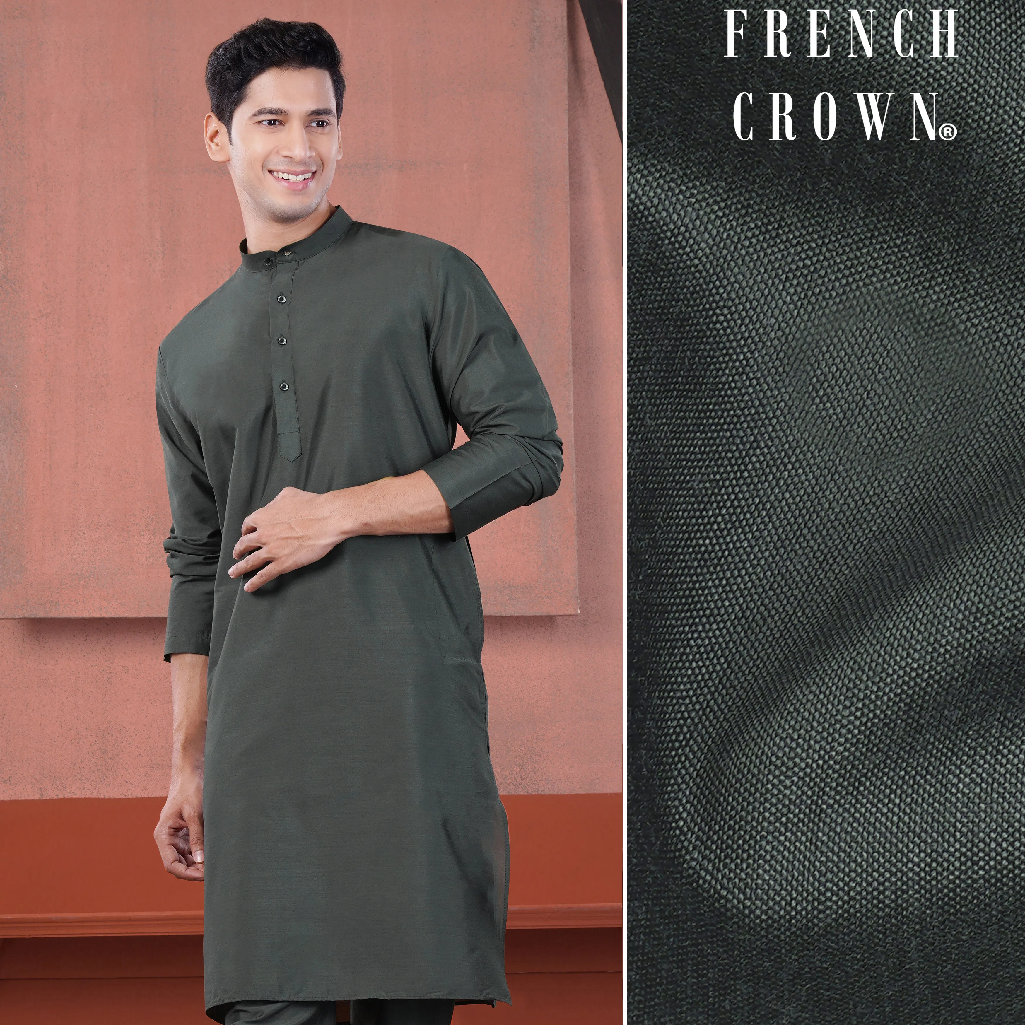 Gravel Green Subtle Sheen Viscose Kurta sold by French Crown