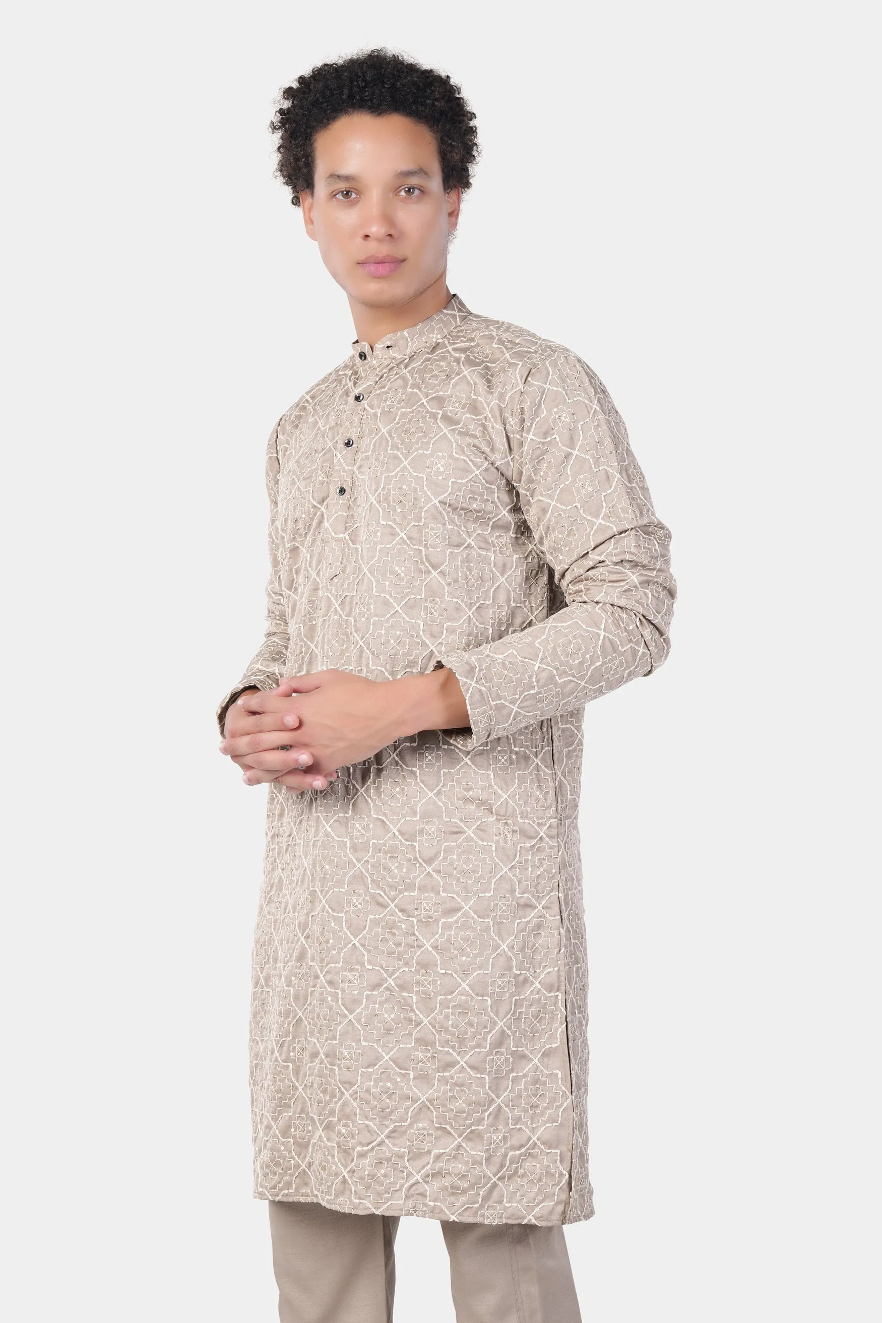 Chalice Brown and White Trellis Pattern Thread and Sequin Embroidered Subtle Sheen Viscose Designer Kurta sold by French Crown product image thumbnail 5