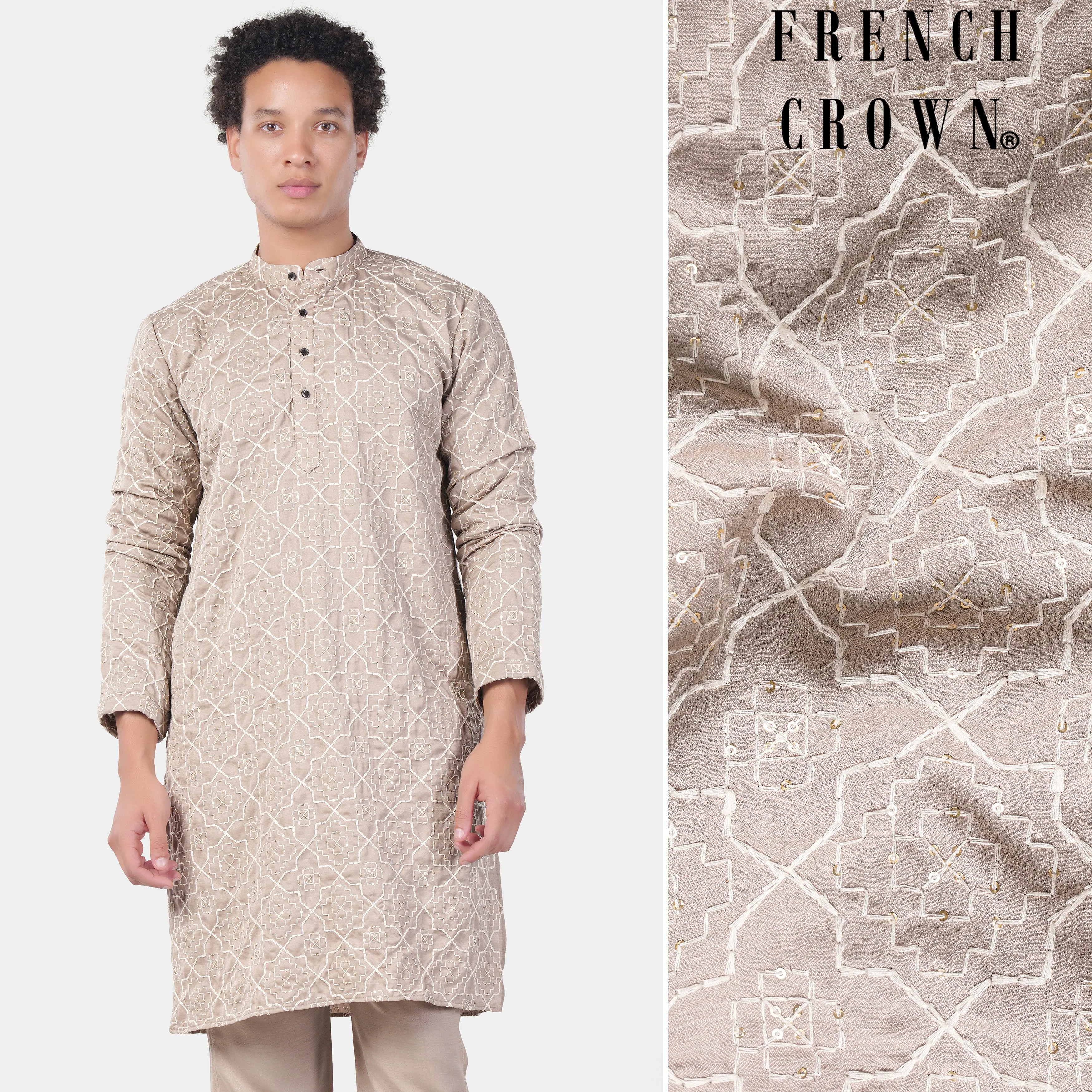 Chalice Brown and White Trellis Pattern Thread and Sequin Embroidered Subtle Sheen Viscose Designer Kurta sold by French Crown