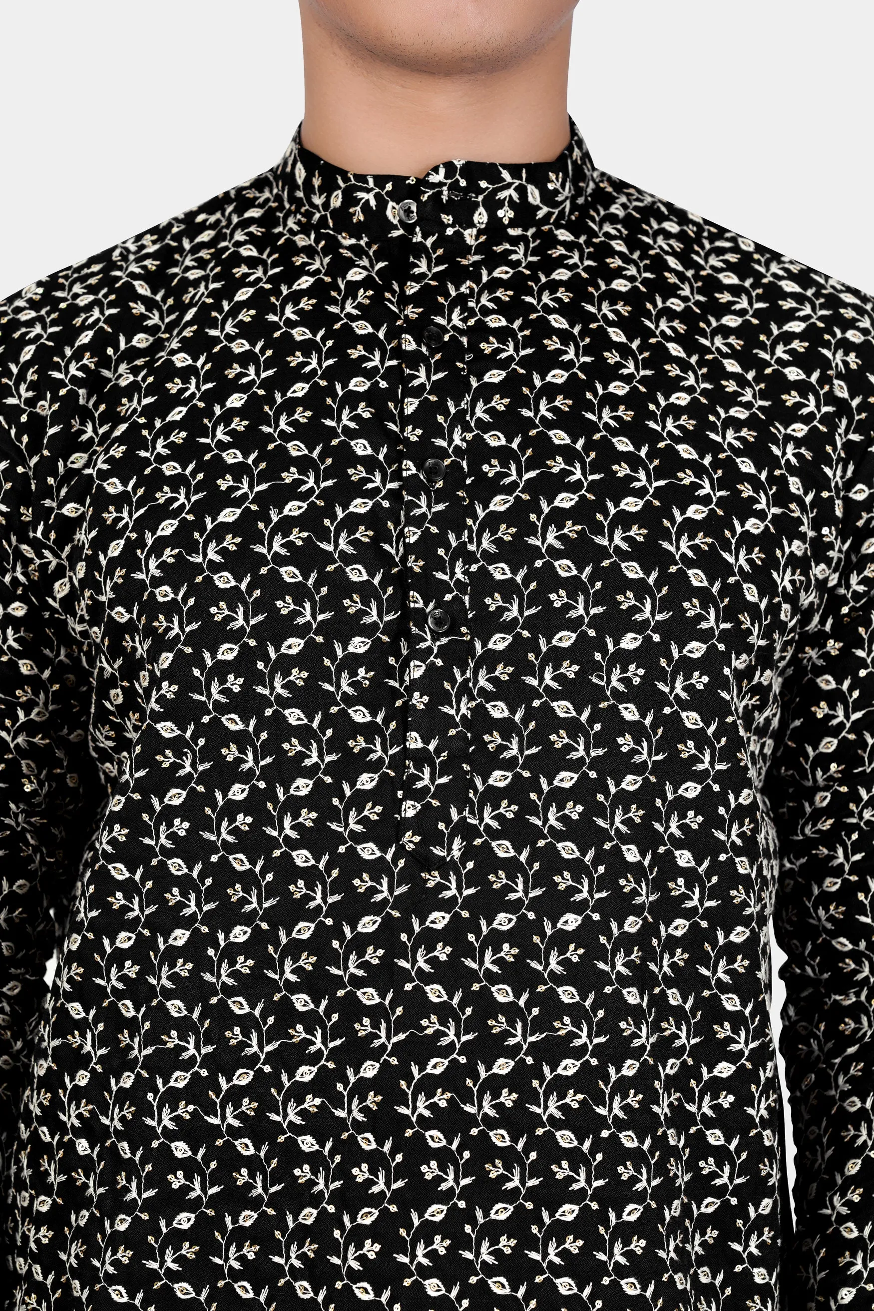 Jade Black Ditsy Pattern Thread and Sequin Embroidered Subtle Sheen Viscose Designer Kurta sold by French Crown product image thumbnail 4
