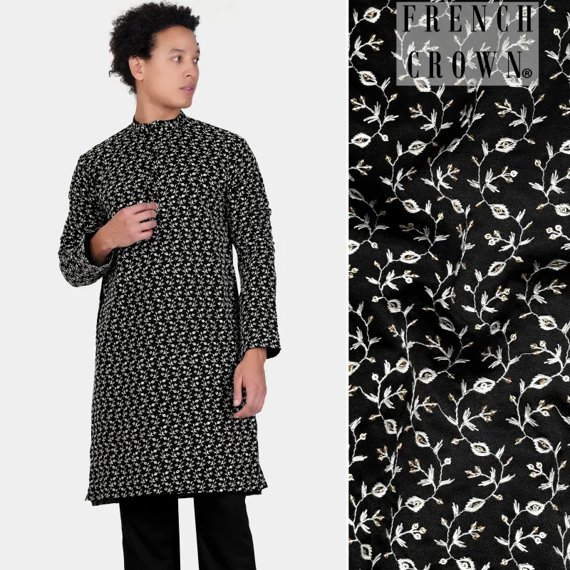 Jade Black Ditsy Pattern Thread and Sequin Embroidered Subtle Sheen Viscose Designer Kurta sold by French Crown
