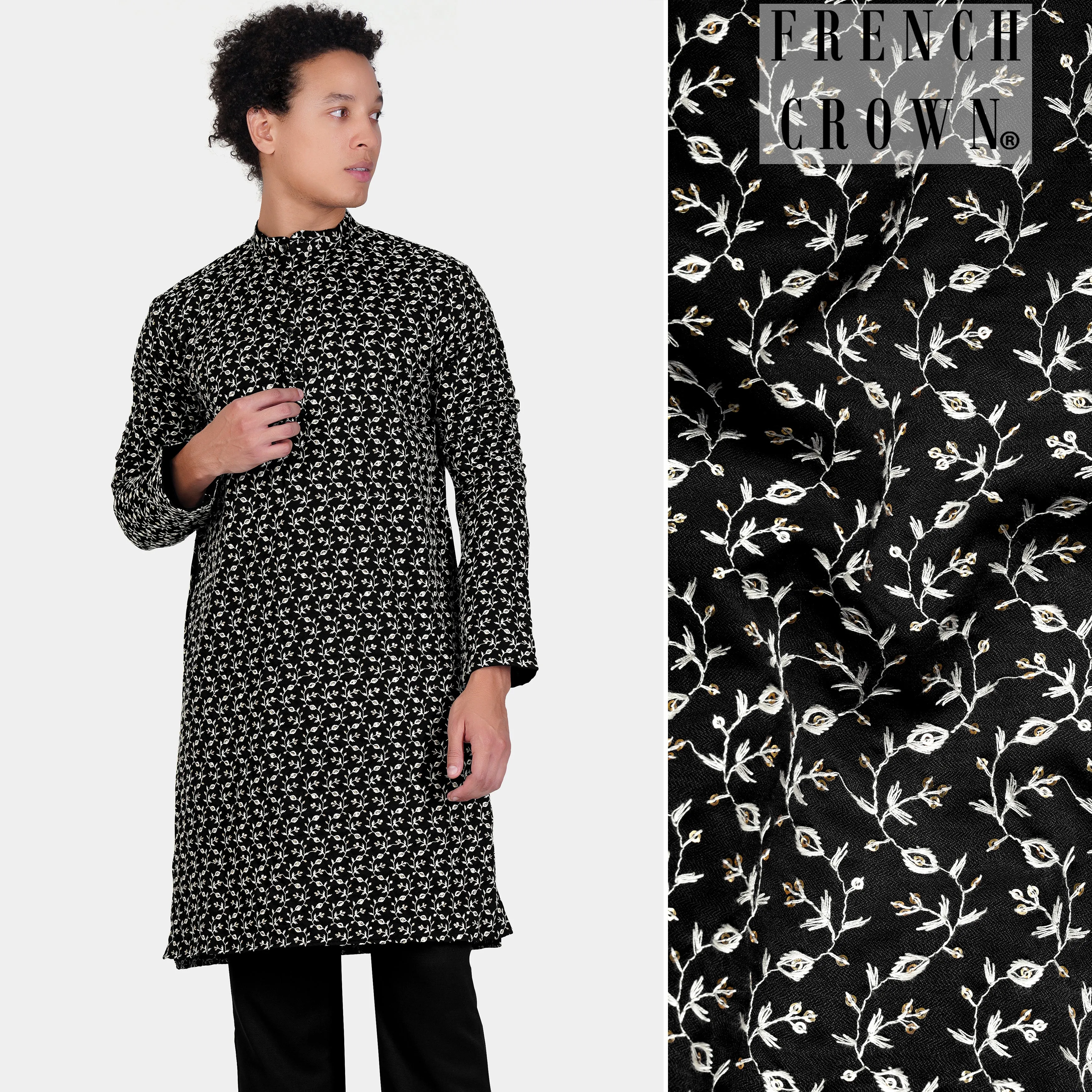 Jade Black Ditsy Pattern Thread and Sequin Embroidered Subtle Sheen Viscose Designer Kurta sold by French Crown