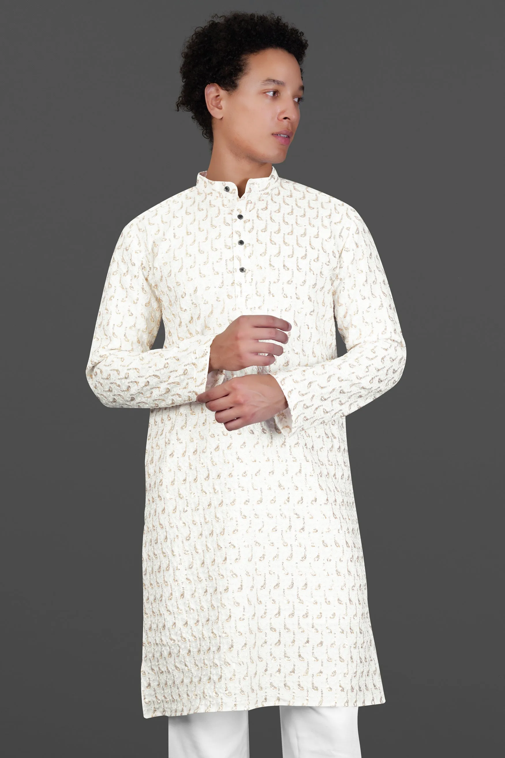 Bright White Leaves Pattern Sequin Embroidered Subtle Sheen Viscose Designer Kurta sold by French Crown product image thumbnail 5