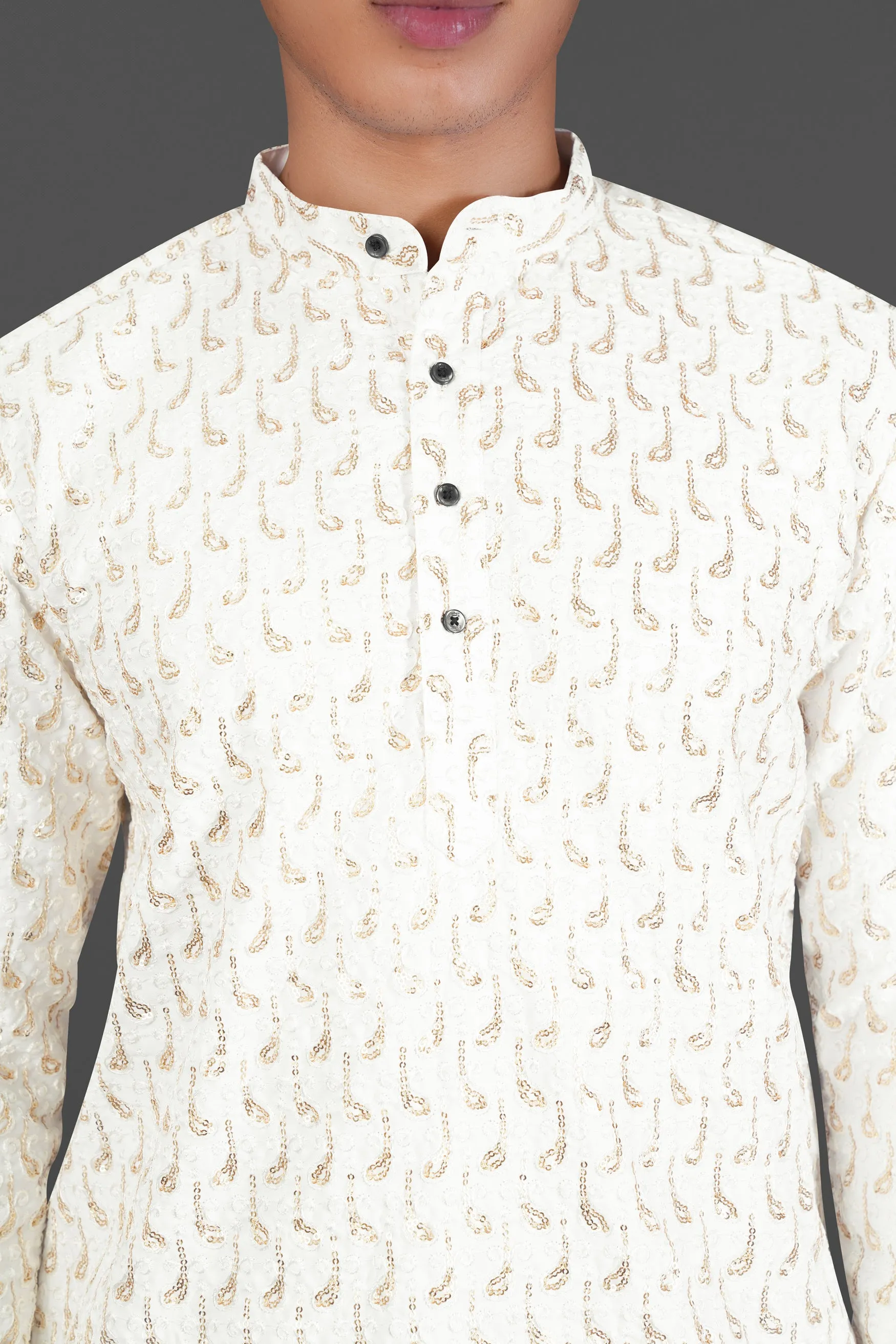 Bright White Leaves Pattern Sequin Embroidered Subtle Sheen Viscose Designer Kurta sold by French Crown product image thumbnail 4