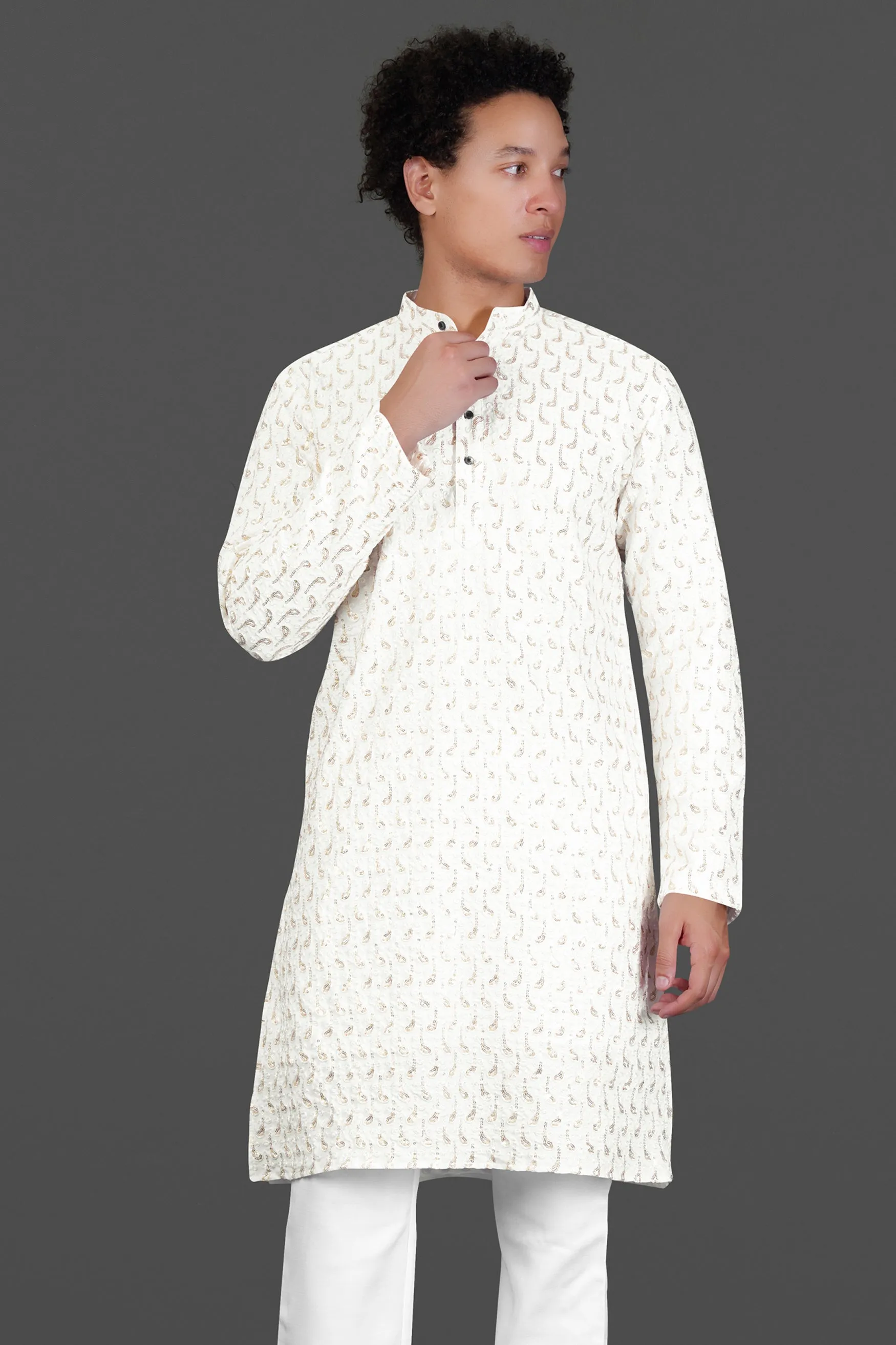 Bright White Leaves Pattern Sequin Embroidered Subtle Sheen Viscose Designer Kurta sold by French Crown product image thumbnail 2