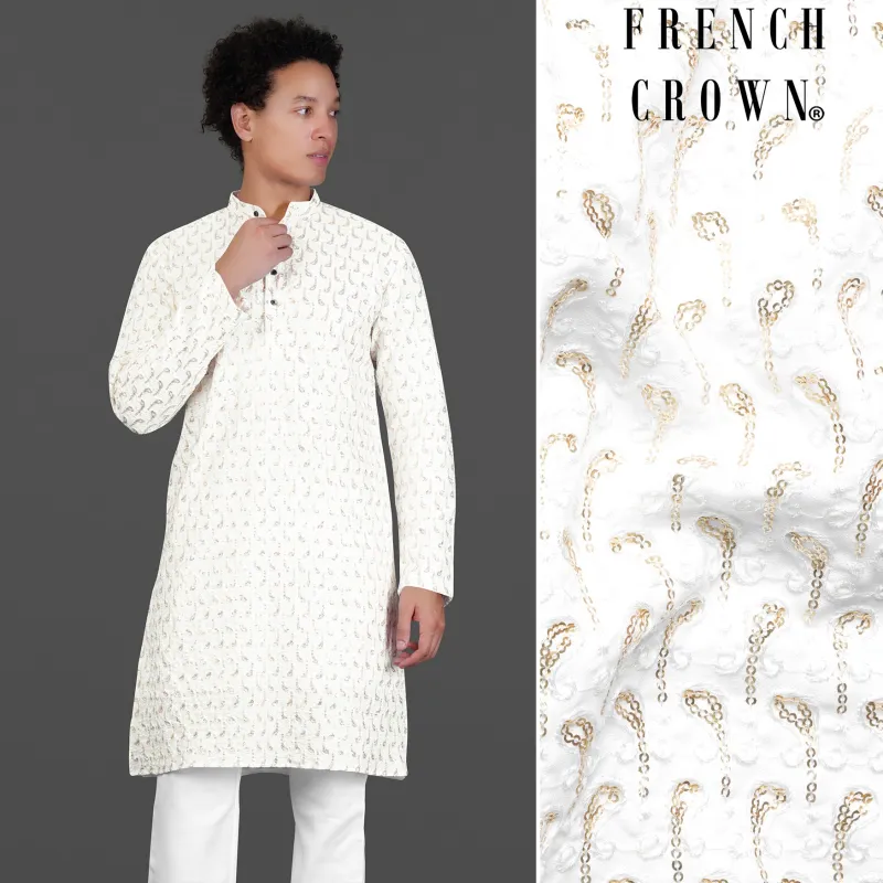 Bright White Leaves Pattern Sequin Embroidered Subtle Sheen Viscose Designer Kurta sold by French Crown