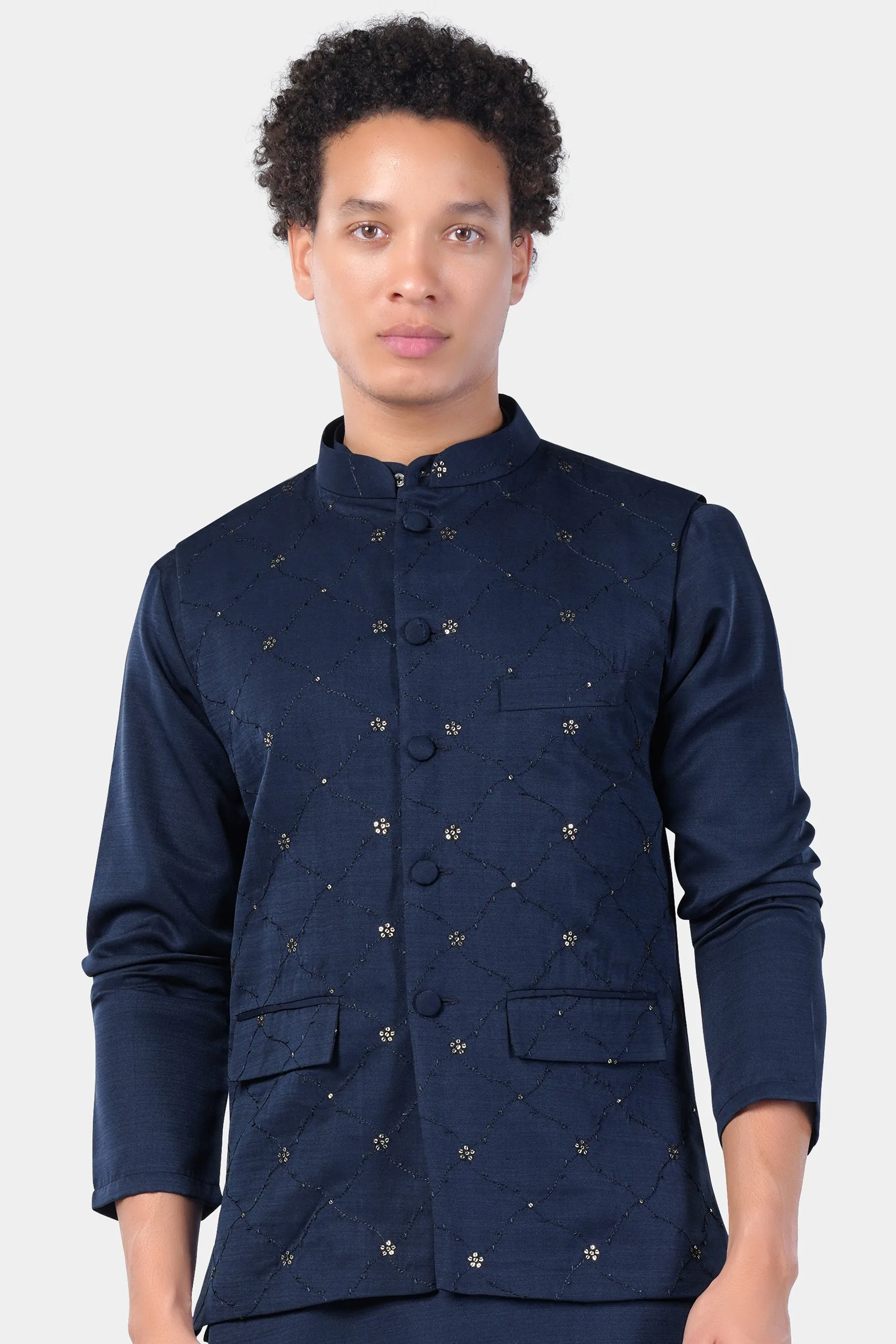 Mirage Blue floral Thread and Sequin Embroidered Designer Viscose Nehru Jacket sold by French Crown product image thumbnail 2