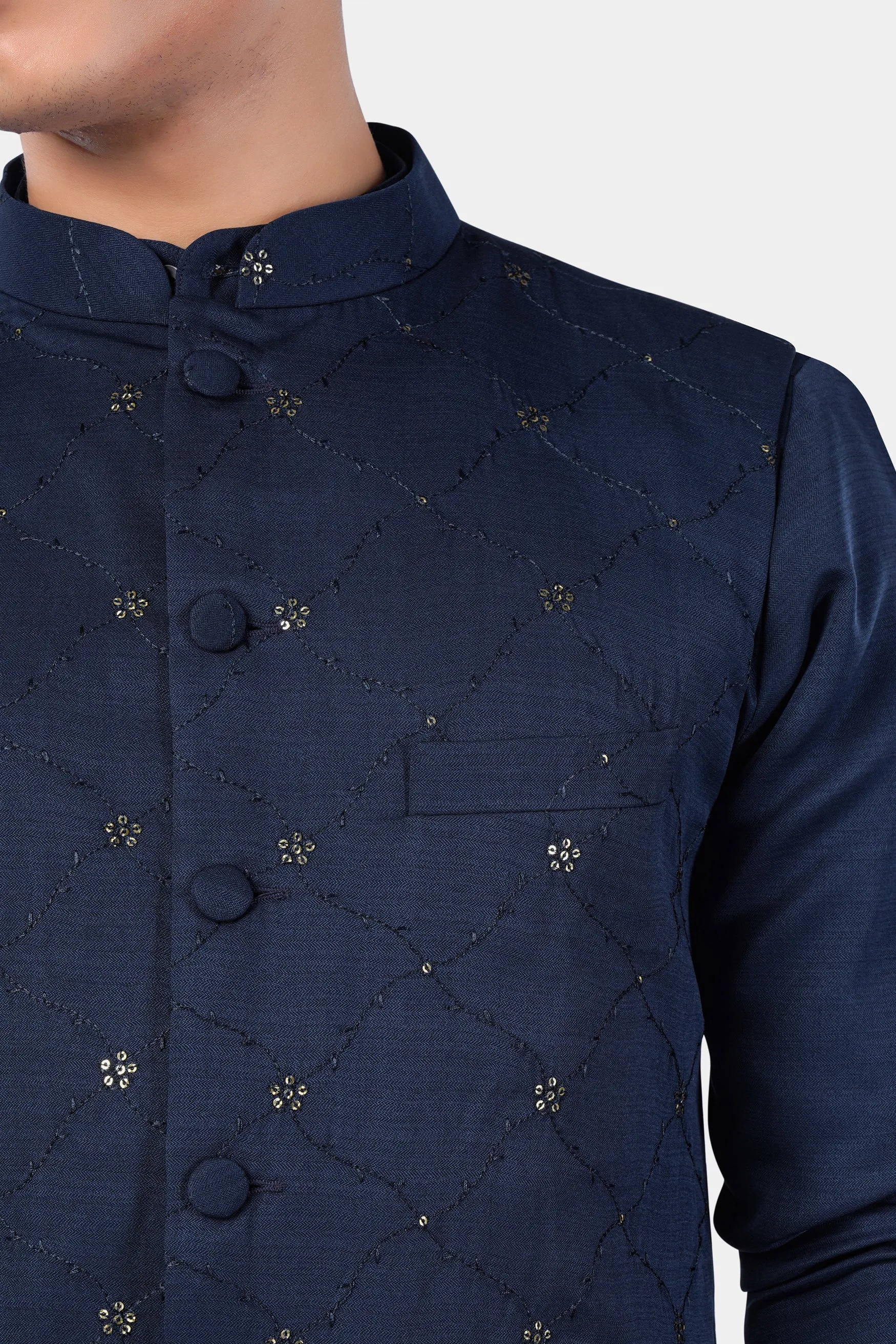 Mirage Blue floral Thread and Sequin Embroidered Designer Viscose Nehru Jacket sold by French Crown product image thumbnail 4