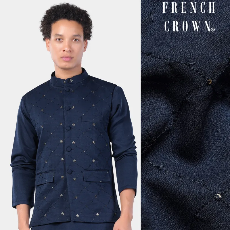 Mirage Blue floral Thread and Sequin Embroidered Designer Viscose Nehru Jacket sold by French Crown