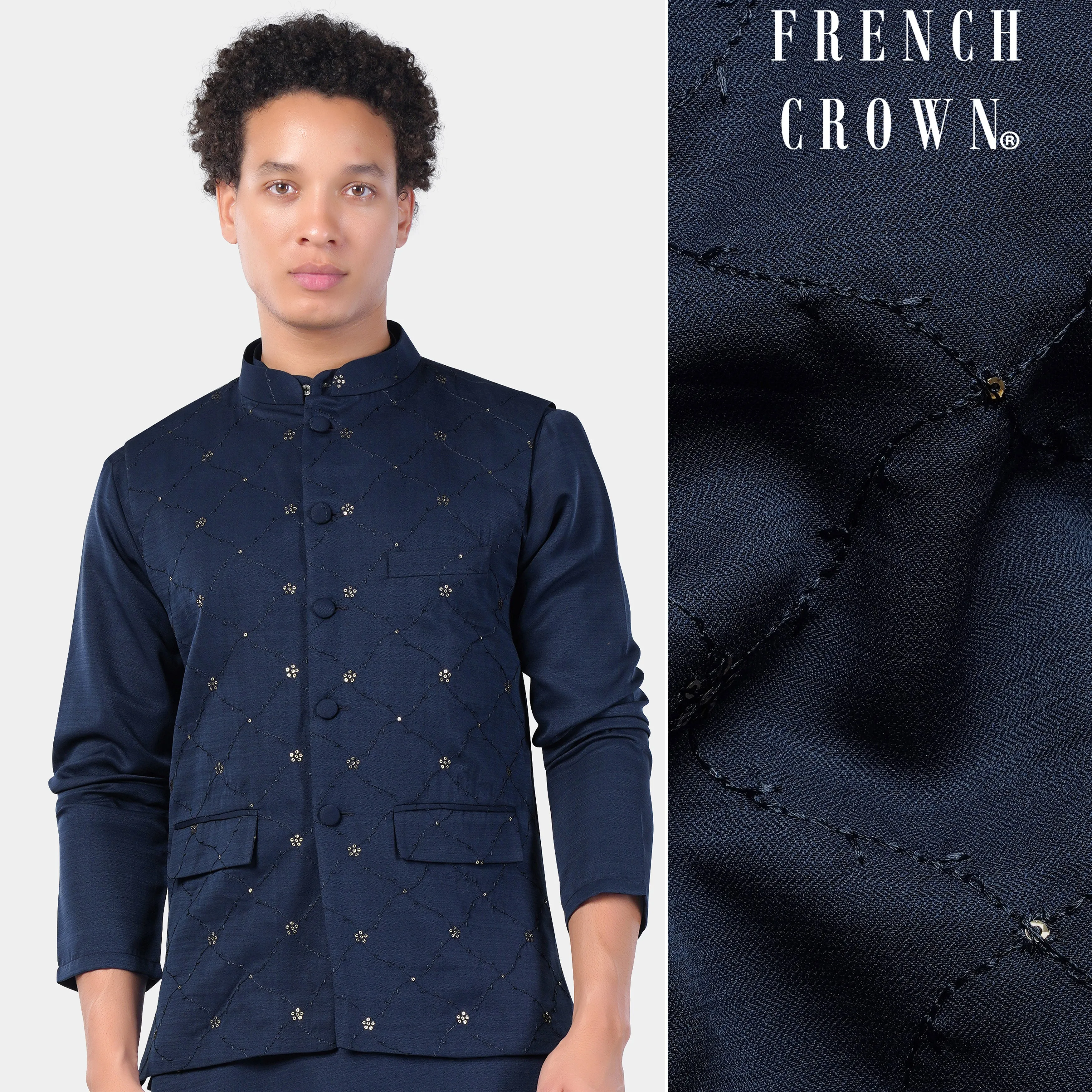 Mirage Blue floral Thread and Sequin Embroidered Designer Viscose Nehru Jacket sold by French Crown