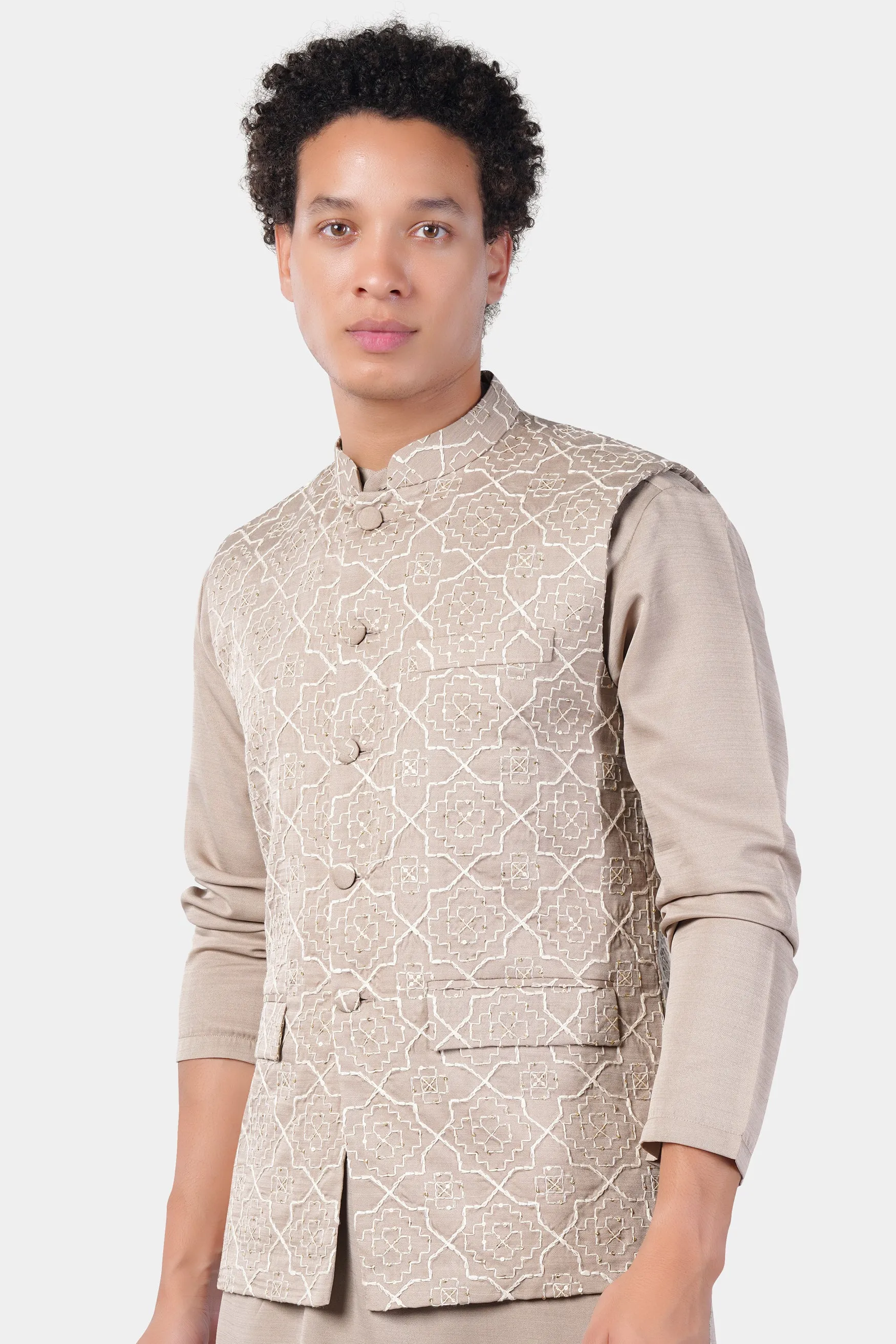 Chalice Brown Trellis Pattern Thread and Sequin Embroidered Designer Viscose Nehru Jacket sold by French Crown product image thumbnail 5