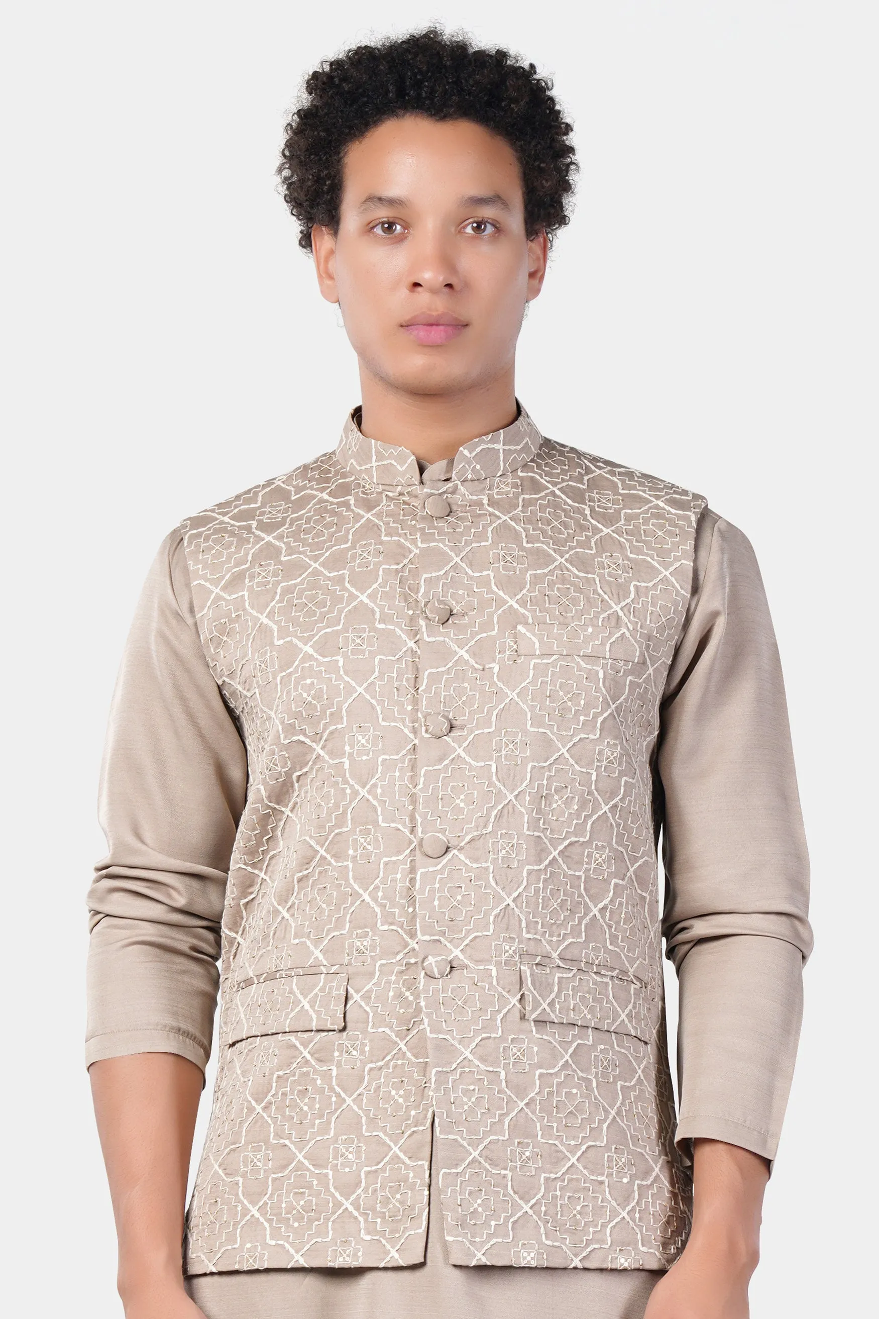 Chalice Brown Trellis Pattern Thread and Sequin Embroidered Designer Viscose Nehru Jacket sold by French Crown product image thumbnail 2