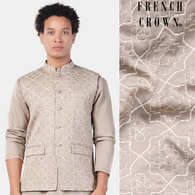 Chalice Brown Trellis Pattern Thread and Sequin Embroidered Designer Viscose Nehru Jacket sold by French Crown