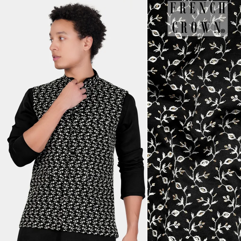 Jade Black Ditsy Pattern Thread and Sequin Embroidered Designer Viscose Nehru Jacket sold by French Crown