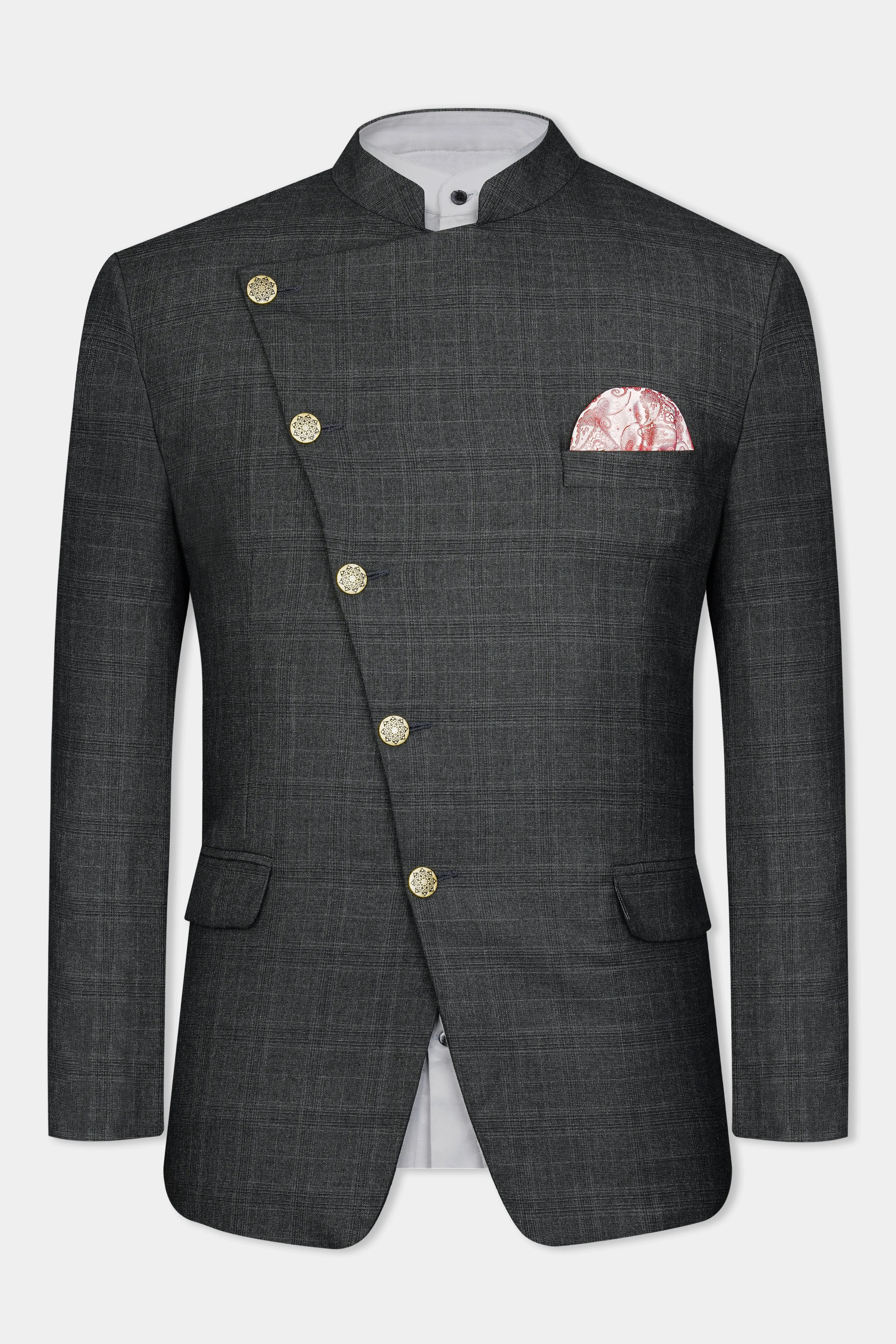 Iridium Gray Subtle Checkered Wool Rich Cross Placket Bandhgala Blazer sold by French Crown product image thumbnail 2