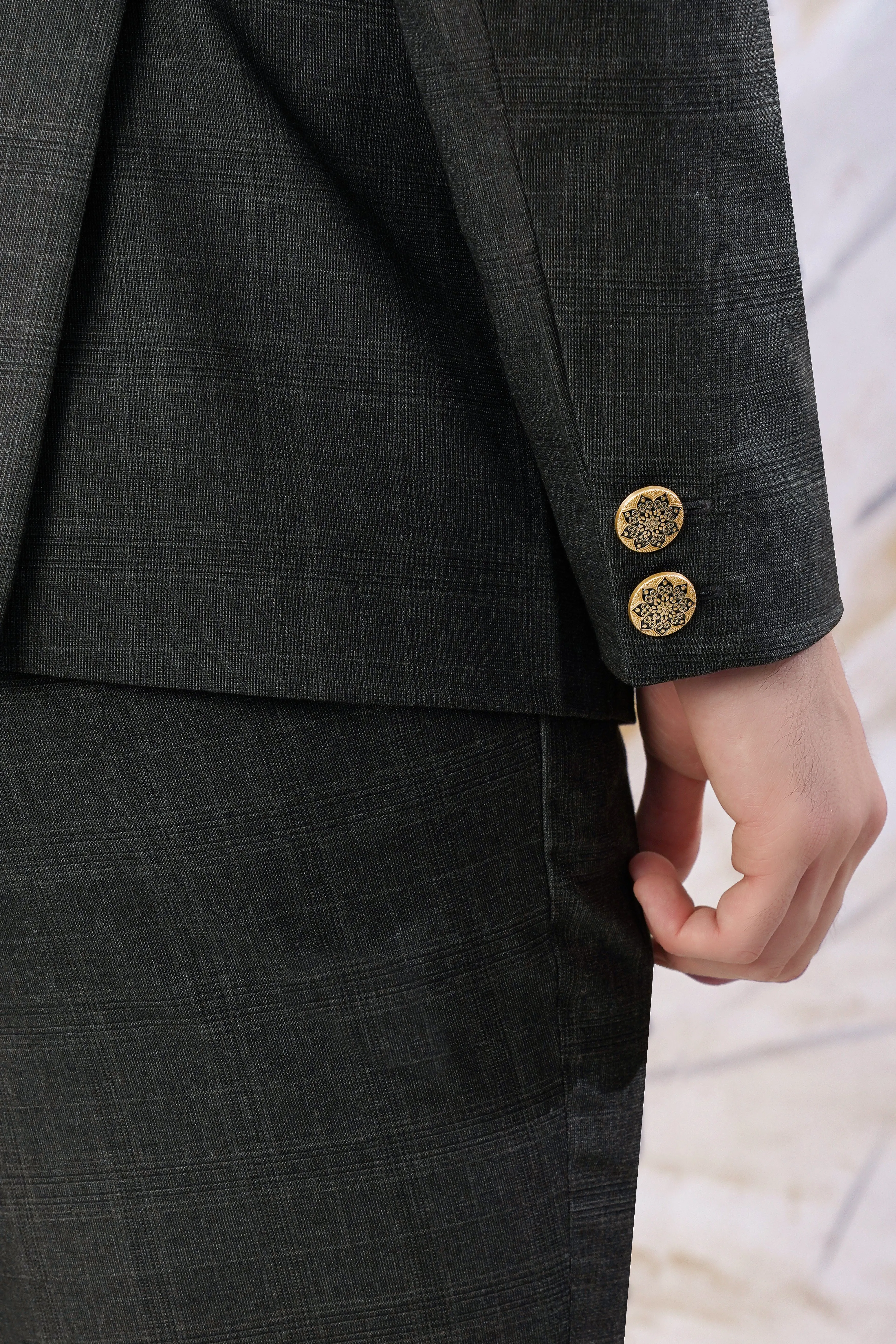 Iridium Gray Subtle Checkered Wool Rich Cross Placket Bandhgala Blazer sold by French Crown product image thumbnail 5