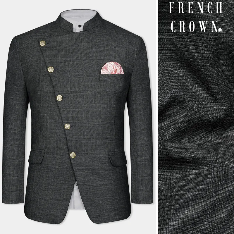 Iridium Gray Subtle Checkered Wool Rich Cross Placket Bandhgala Blazer sold by French Crown