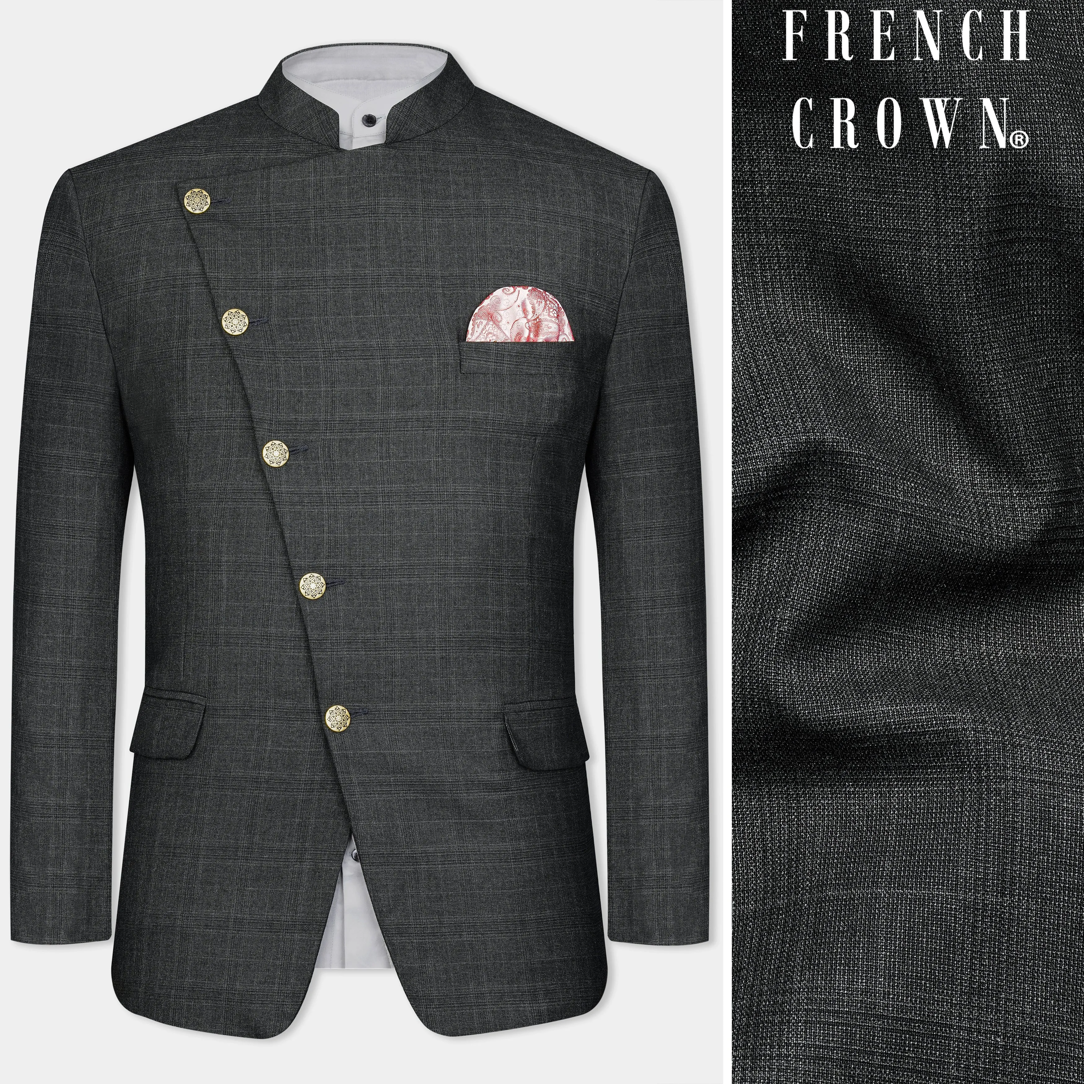 Iridium Gray Subtle Checkered Wool Rich Cross Placket Bandhgala Blazer sold by French Crown