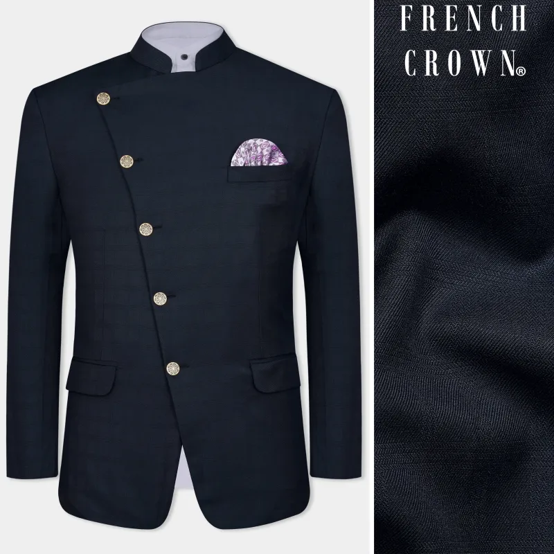 Baltic Blue Subtle Checkered Cross Placket Bandhgala Wool Rich Blazer sold by French Crown