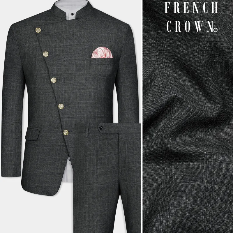 Iridium Gray Subtle Checkered Wool Rich Cross Placket Bandhgala Suit sold by French Crown