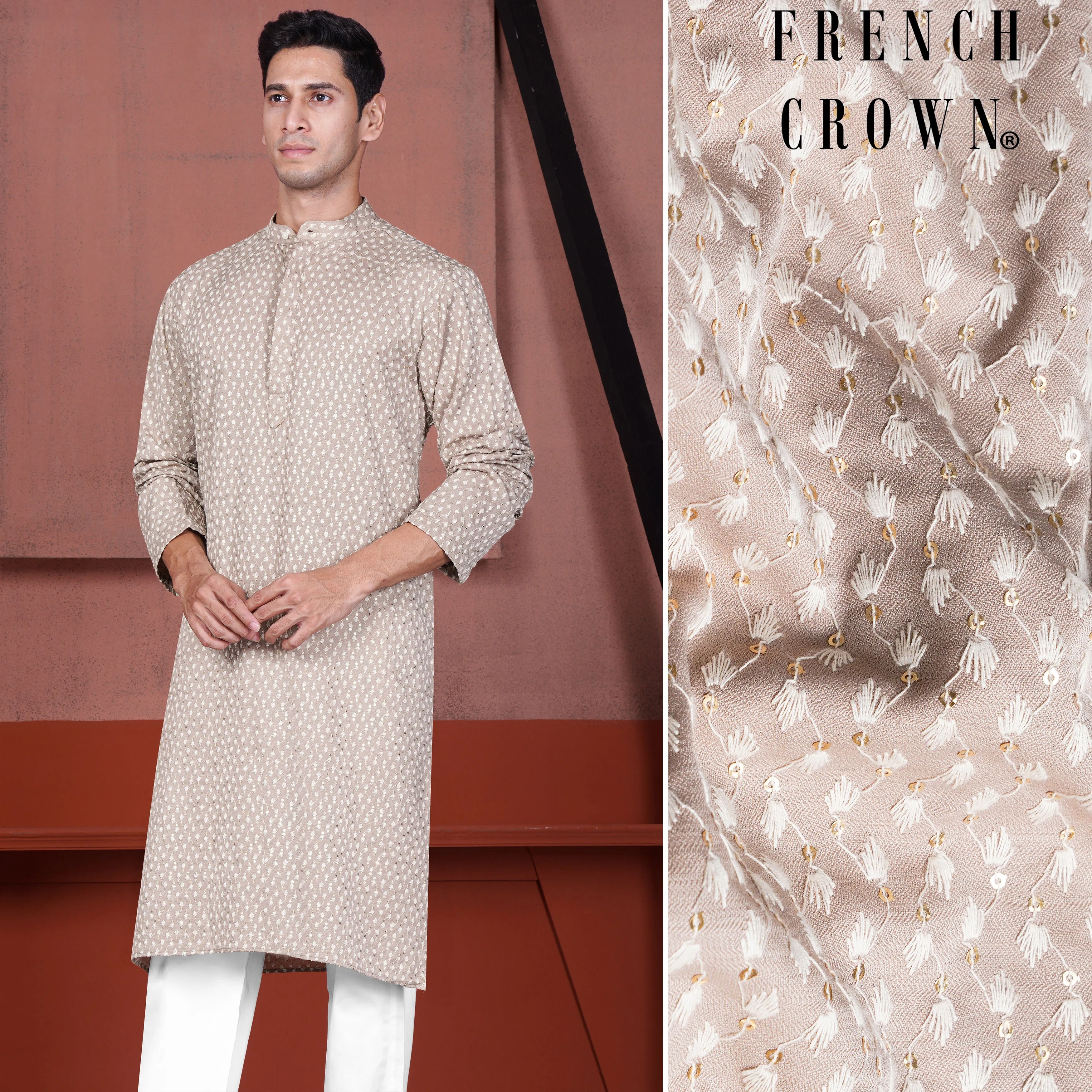 Clam Shell Brown Embroidered Viscose Designer Kurta sold by French Crown