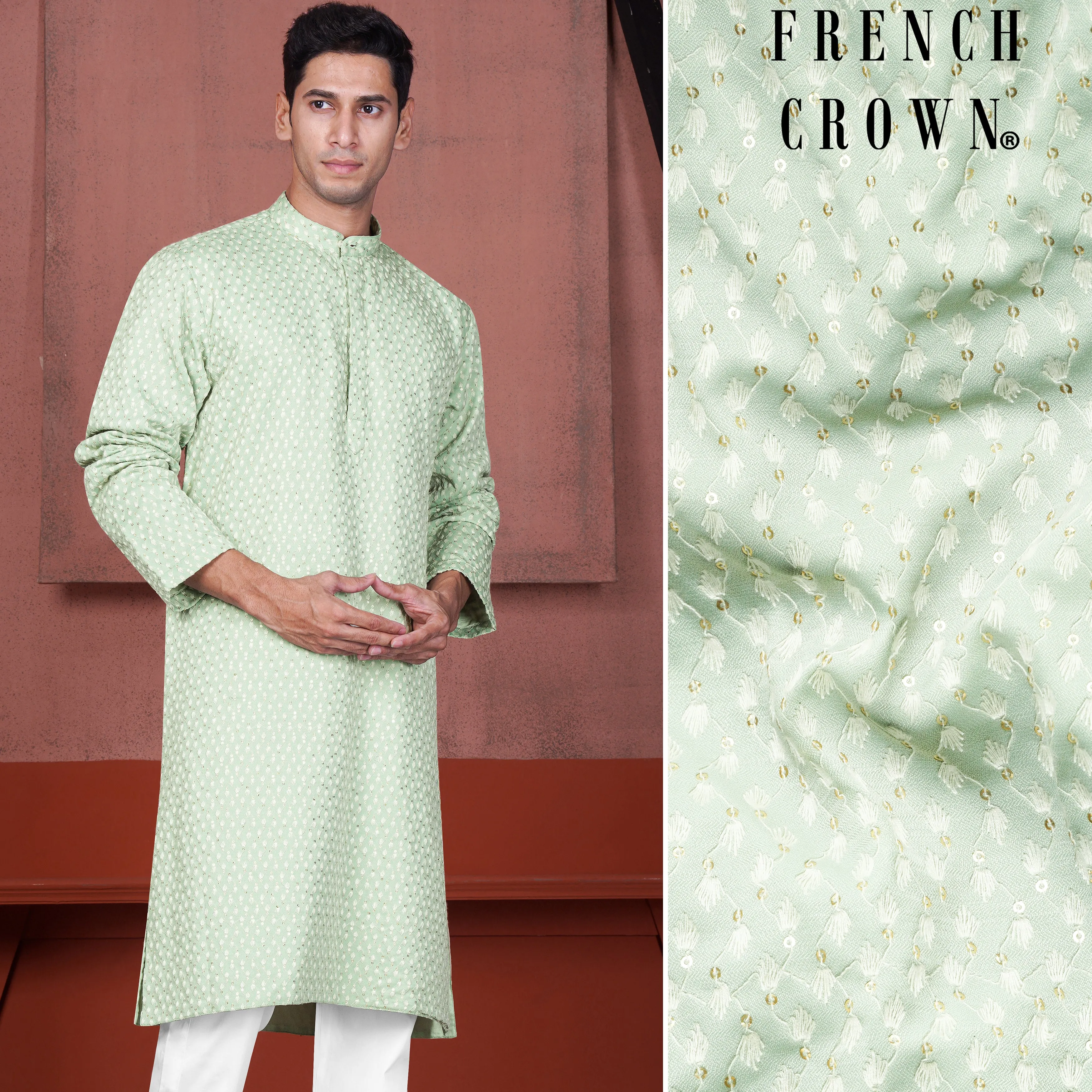 Tasman Green Embroidered Viscose Designer Kurta sold by French Crown