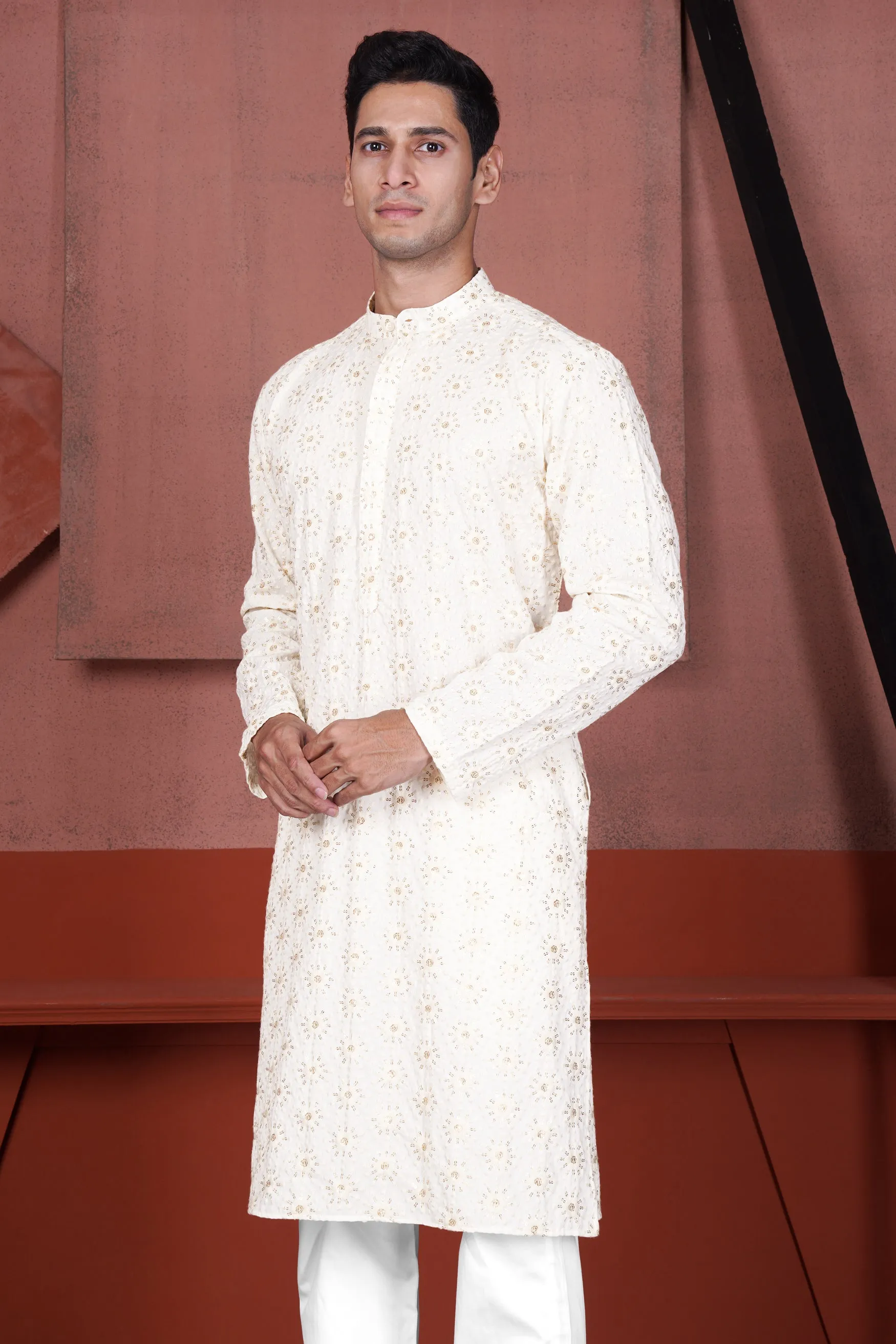 Parchment Cream Embroidered Viscose Designer Kurta sold by French Crown product image thumbnail 5