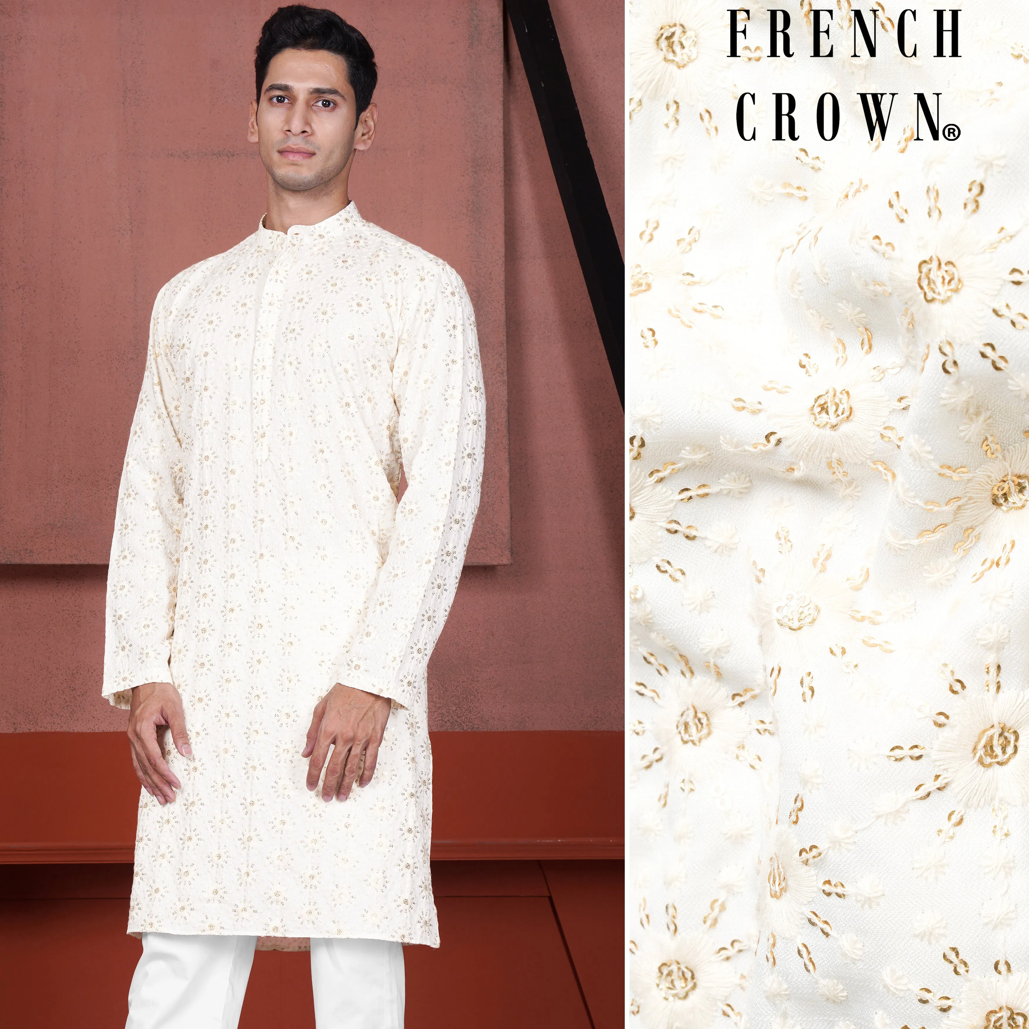 Parchment Cream Embroidered Viscose Designer Kurta sold by French Crown