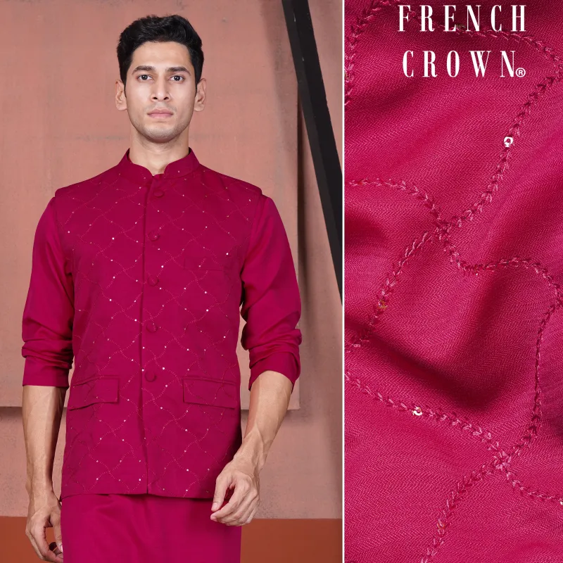 Cardinal Pink Viscose Embroidered With Tikki Work Designer Nehru Jacket sold by French Crown