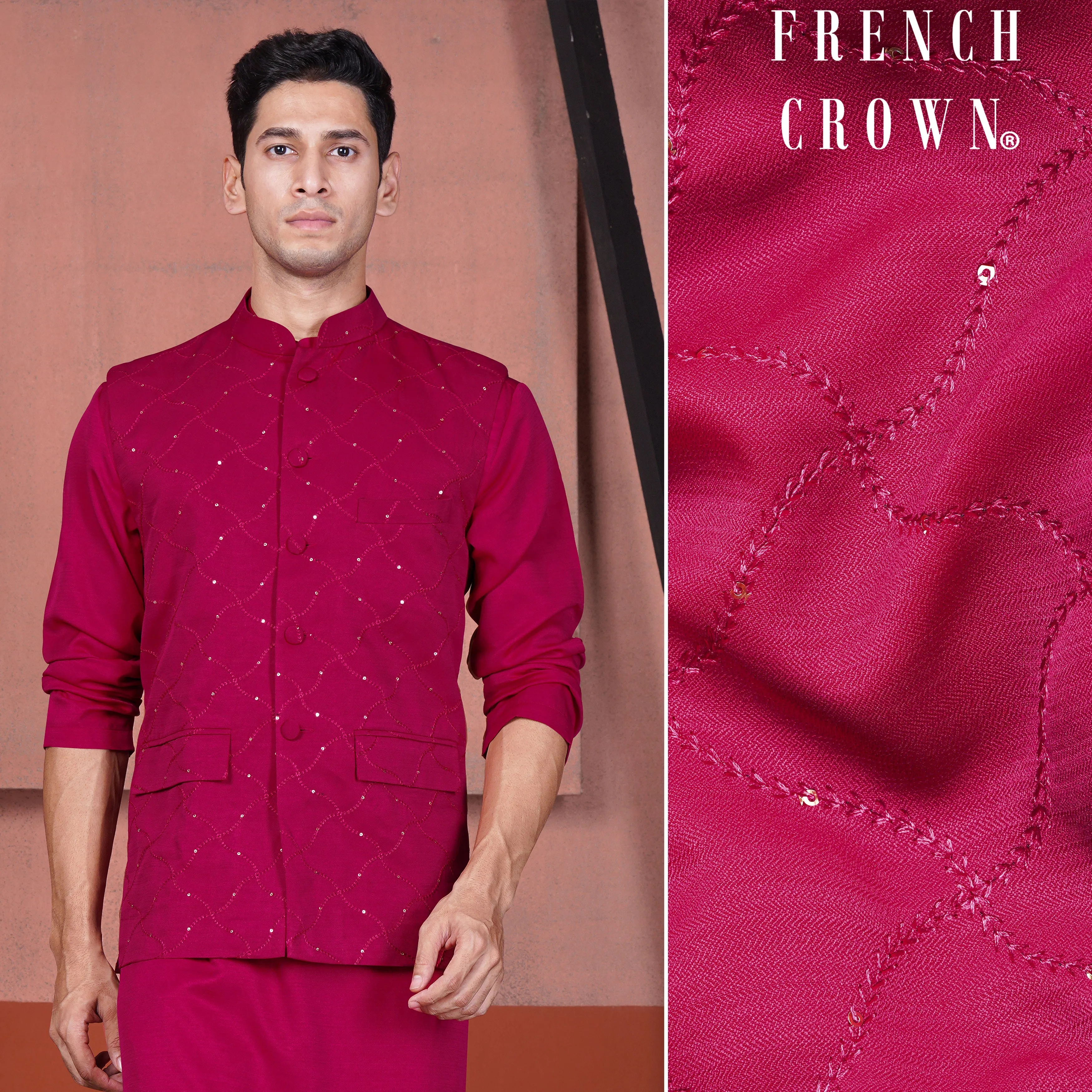 Cardinal Pink Viscose Embroidered With Tikki Work Designer Nehru Jacket sold by French Crown