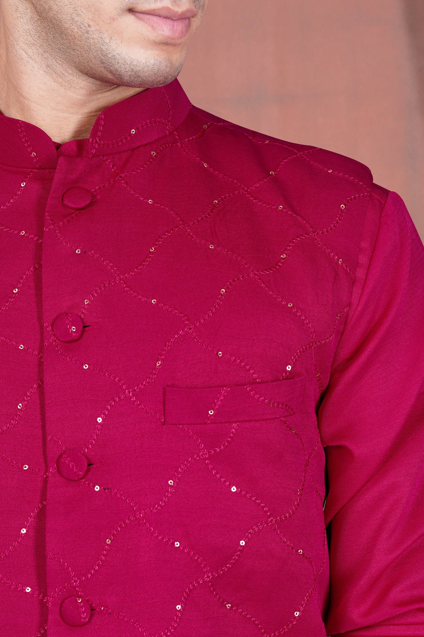 Cardinal Pink Viscose Embroidered With Tikki Work Designer Nehru Jacket sold by French Crown product image thumbnail 4