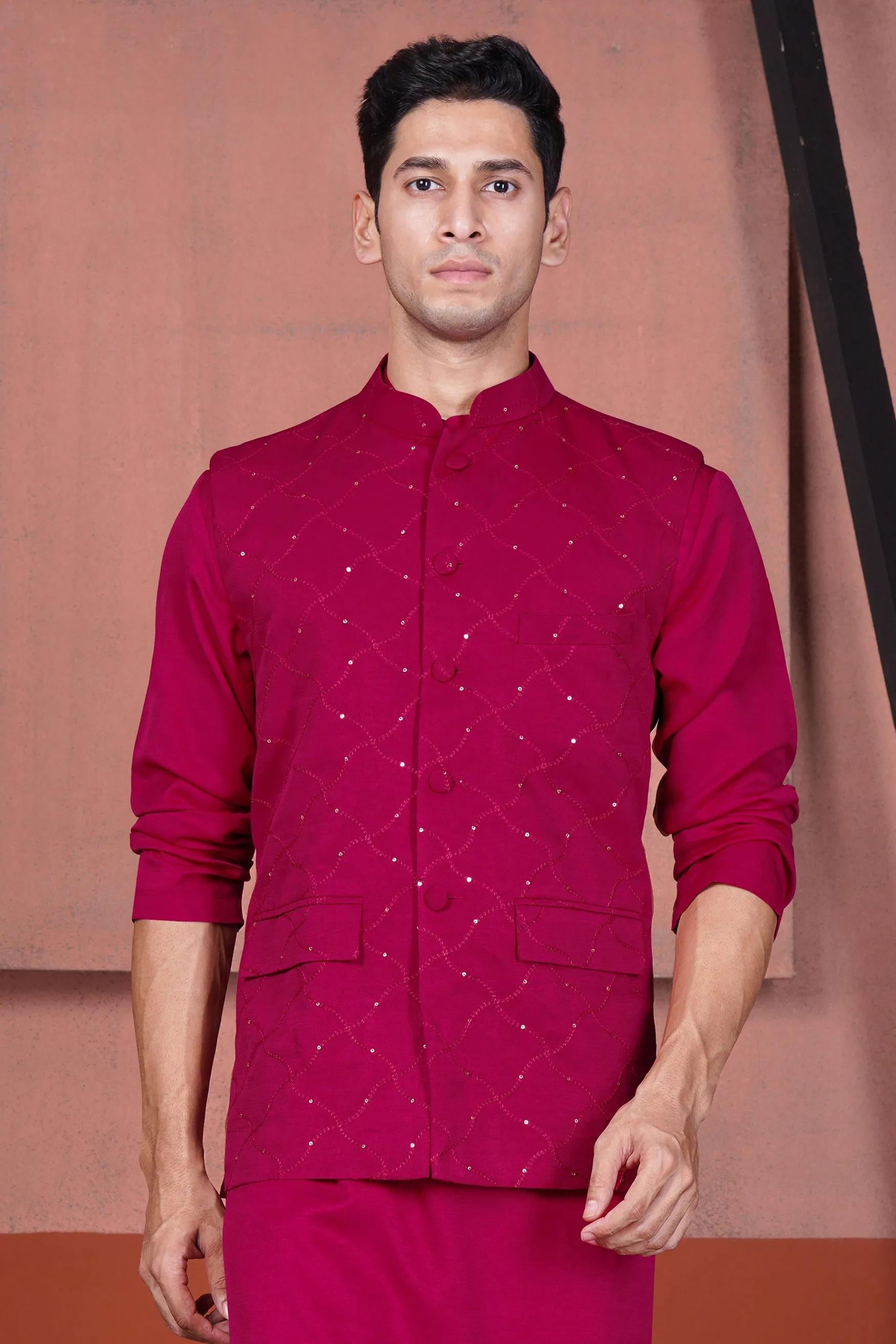 Cardinal Pink Viscose Embroidered With Tikki Work Designer Nehru Jacket sold by French Crown product image thumbnail 2