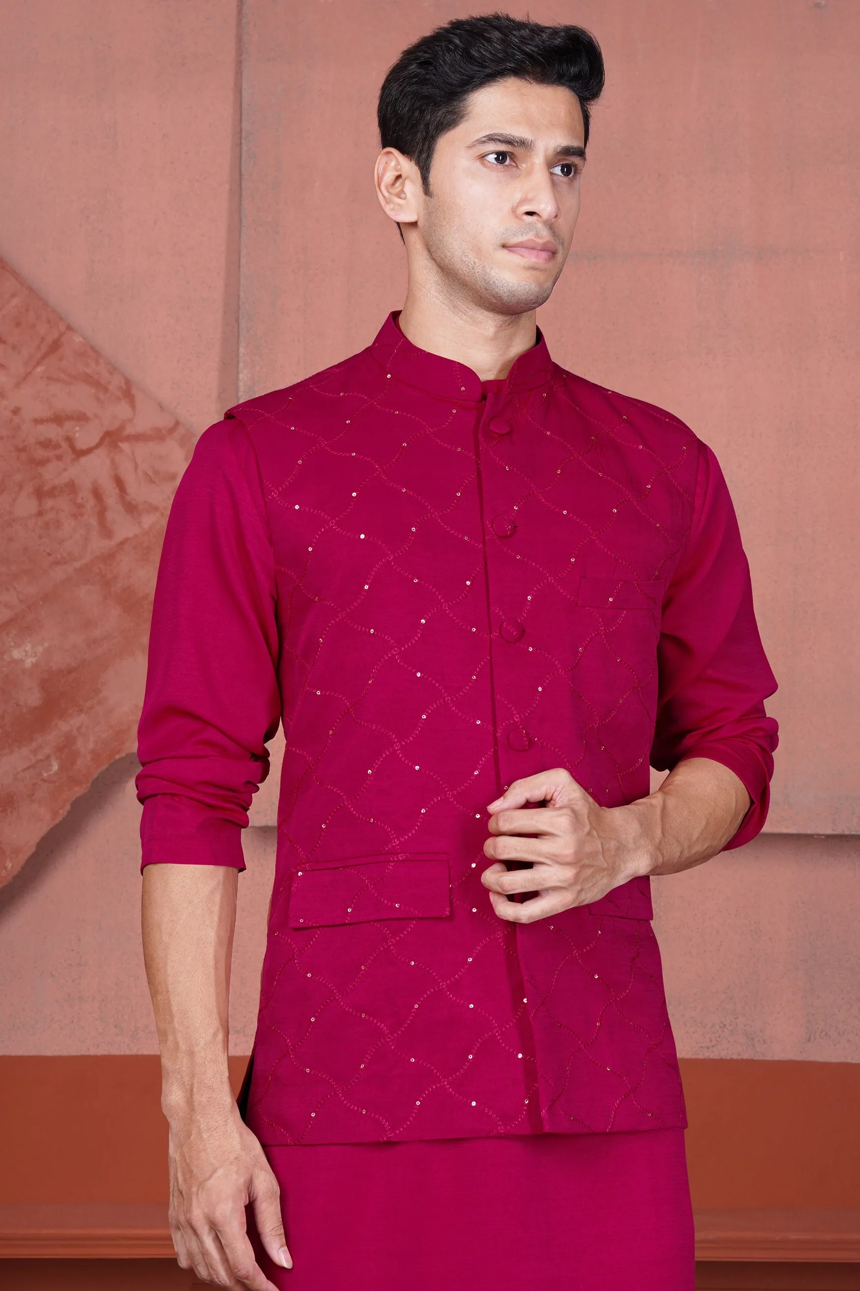 Cardinal Pink Viscose Embroidered With Tikki Work Designer Nehru Jacket sold by French Crown product image thumbnail 5