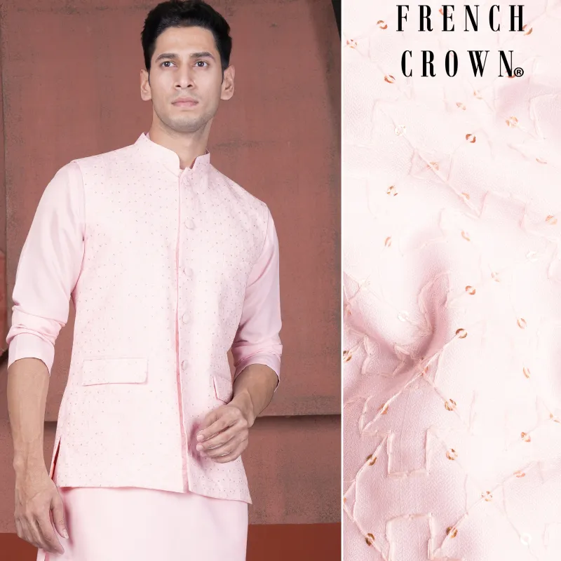 Blush Peach Viscose Embroidered With Tikki Work Designer Nehru Jacket sold by French Crown