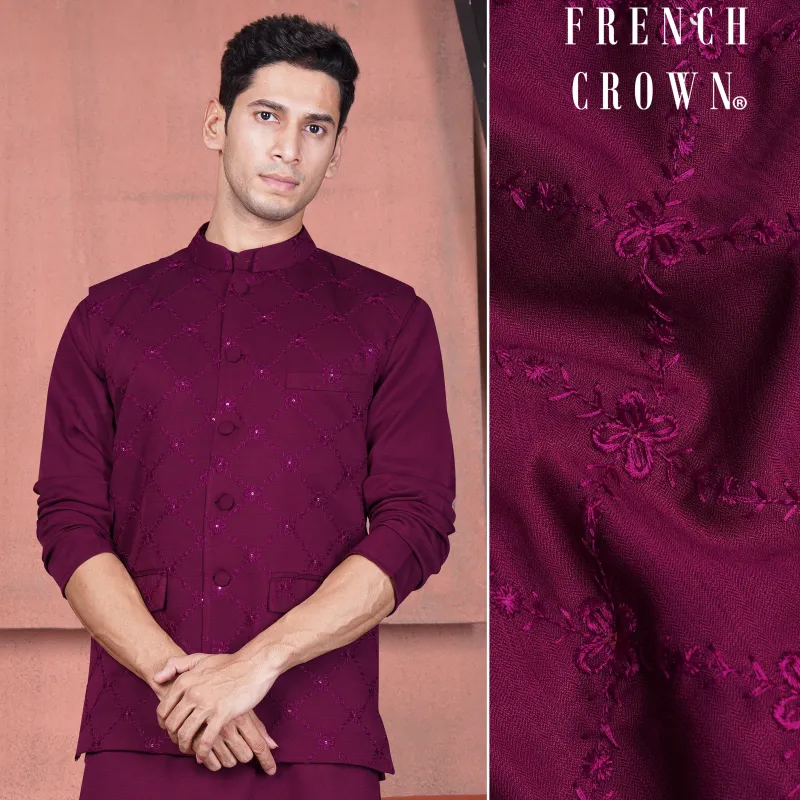 Bordeaux Wine Viscose Embroidered With Tikki Work Designer Nehru Jacket sold by French Crown