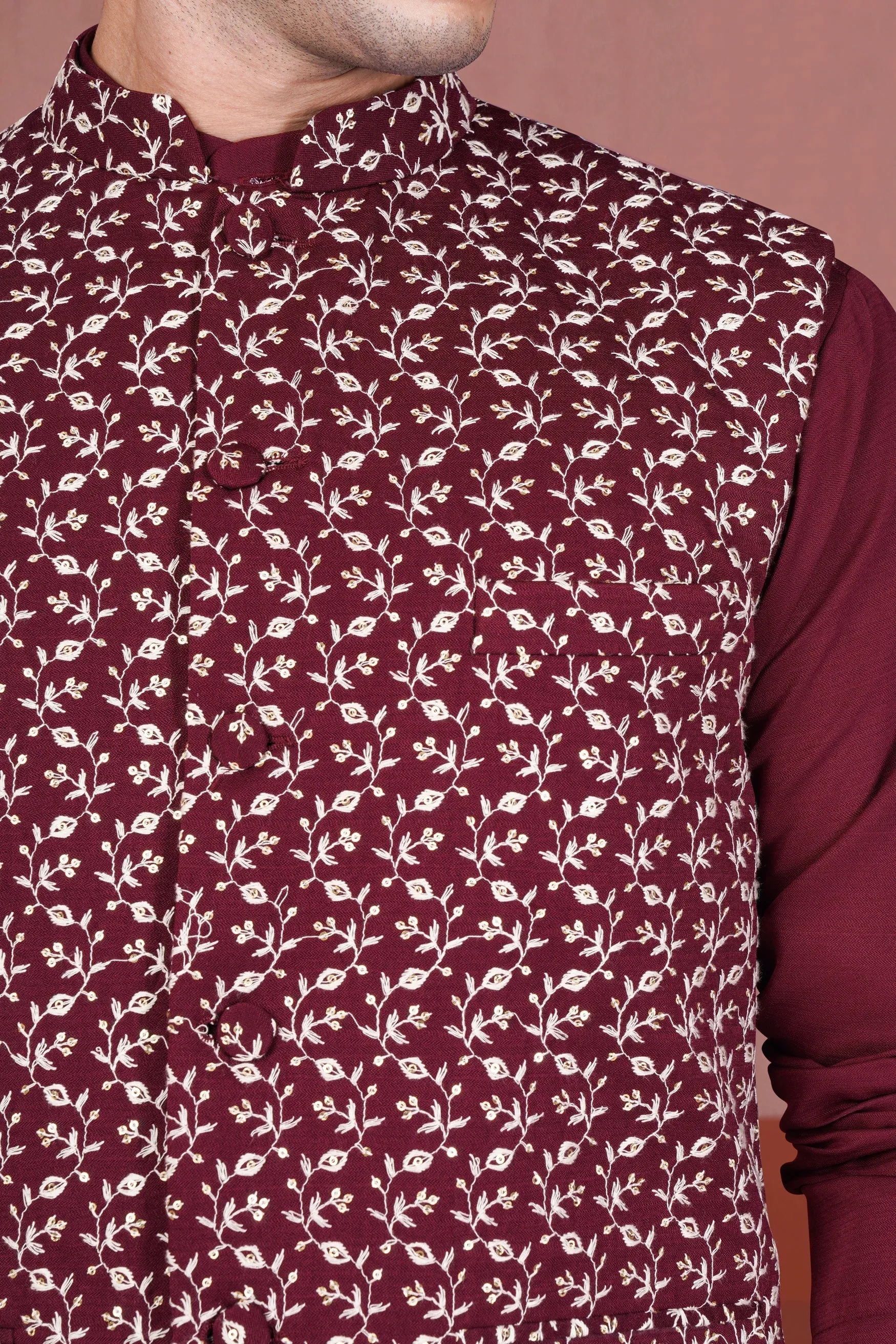 Mulberry Maroon Viscose Ditsy Embroidered With Tikki Work Designer Nehru Jacket sold by French Crown product image thumbnail 4