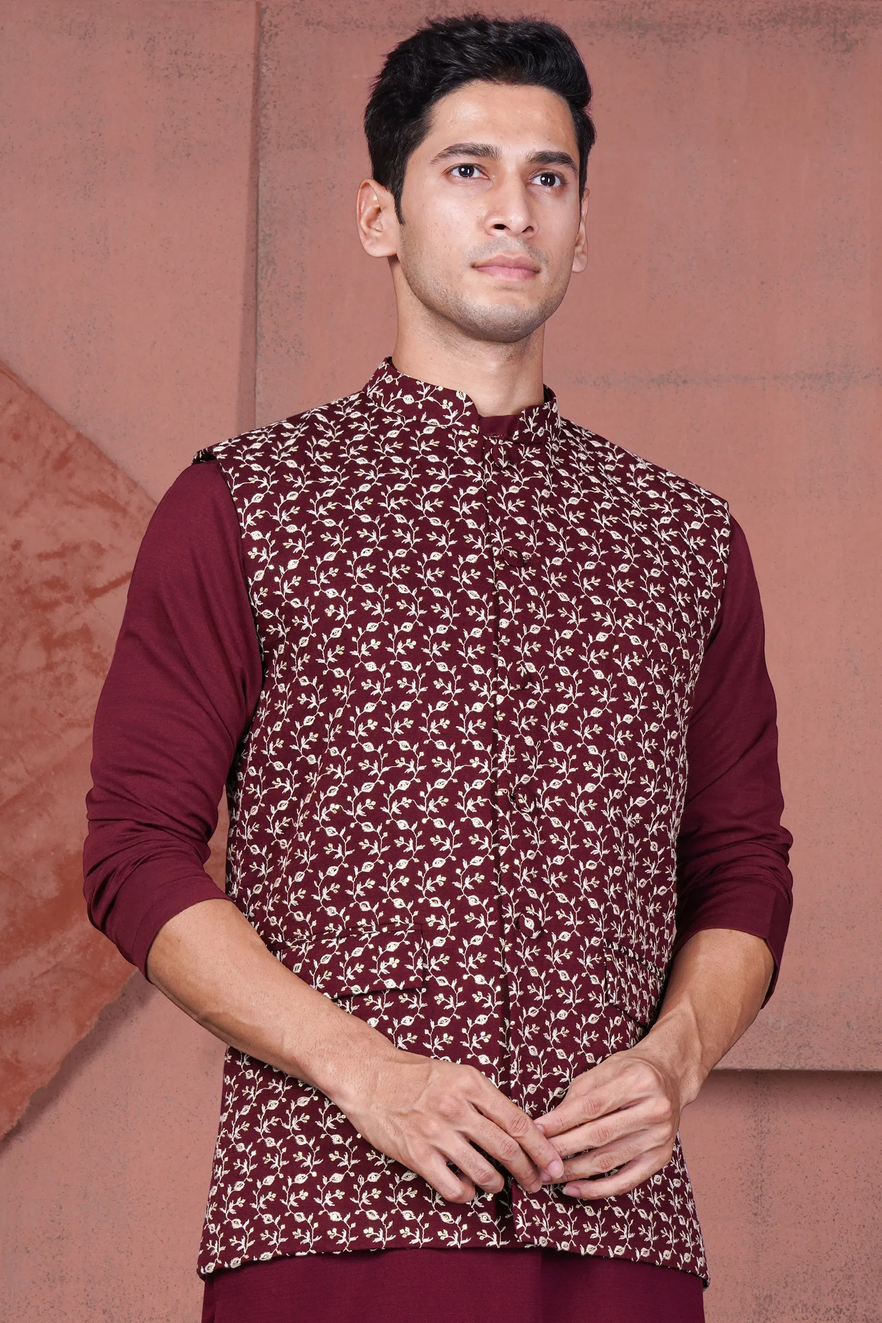 Mulberry Maroon Viscose Ditsy Embroidered With Tikki Work Designer Nehru Jacket sold by French Crown product image thumbnail 2