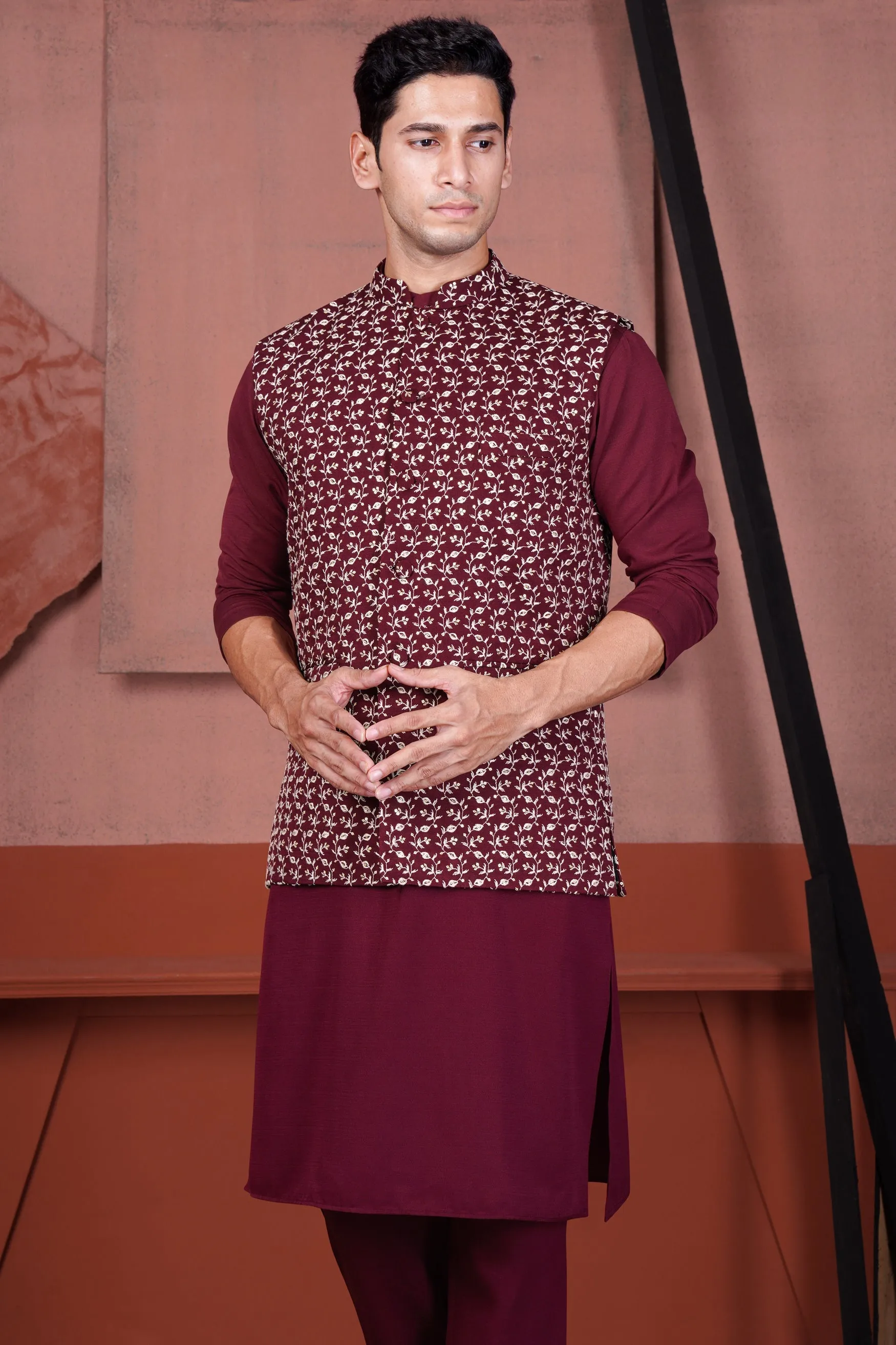 Mulberry Maroon Viscose Ditsy Embroidered With Tikki Work Designer Nehru Jacket sold by French Crown product image thumbnail 5