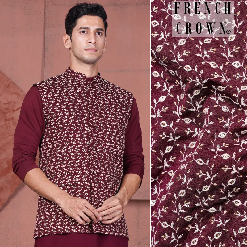 Mulberry Maroon Viscose Ditsy Embroidered With Tikki Work Designer Nehru Jacket sold by French Crown