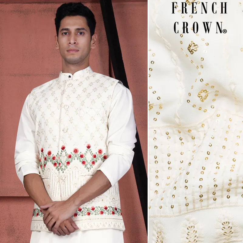 Ecru Cream Viscose Floral Embroidered with Tikki Work Designer Nehru Jacket sold by French Crown
