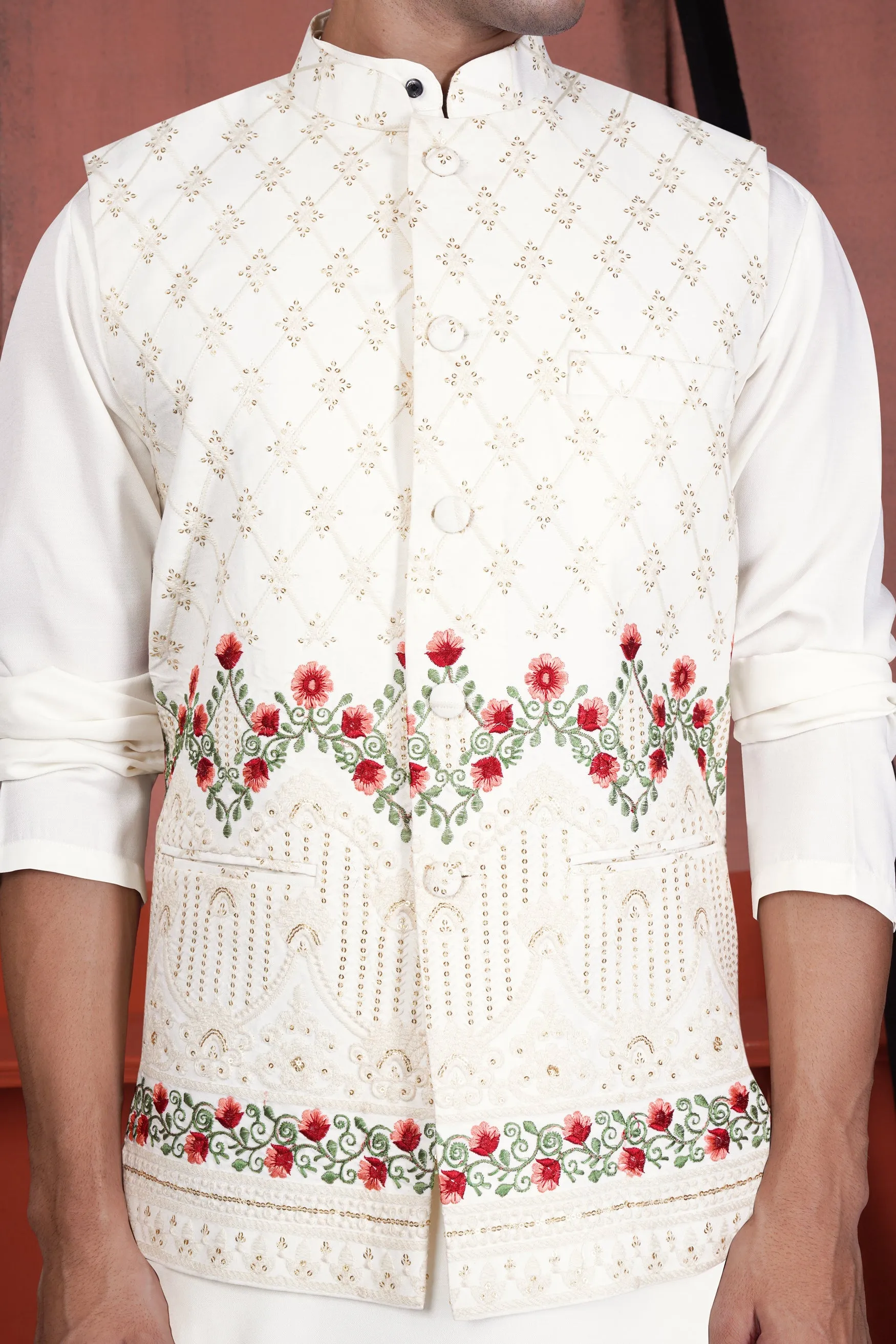 Ecru Cream Viscose Floral Embroidered with Tikki Work Designer Nehru Jacket sold by French Crown product image thumbnail 4