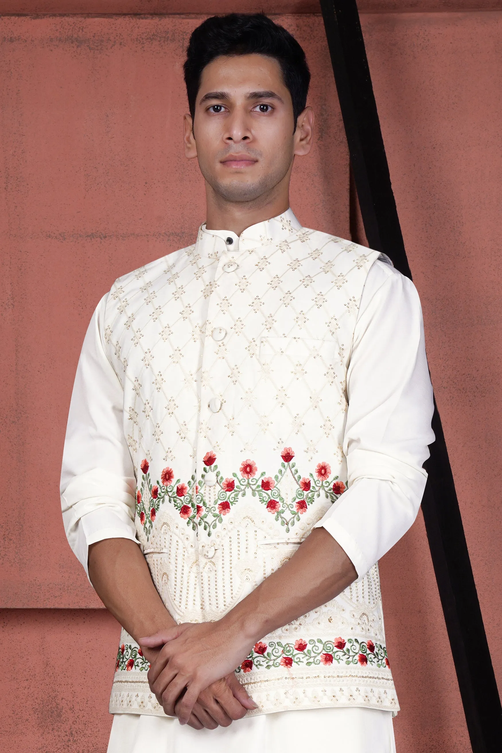 Ecru Cream Viscose Floral Embroidered with Tikki Work Designer Nehru Jacket sold by French Crown product image thumbnail 2