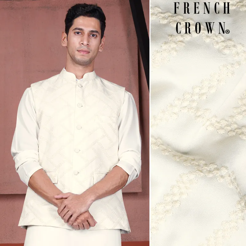 Albescent Cream Viscose Embroidered Designer Nehru Jacket sold by French Crown