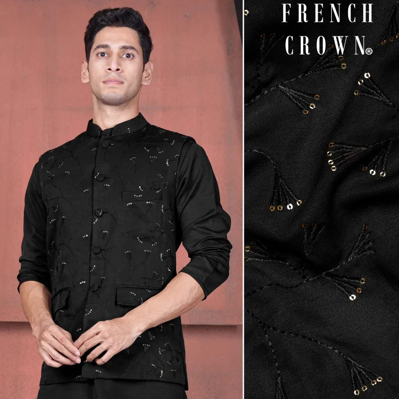 Jade Black Viscose Embroidered with Tikki Work Designer Nehru Jacket sold by French Crown