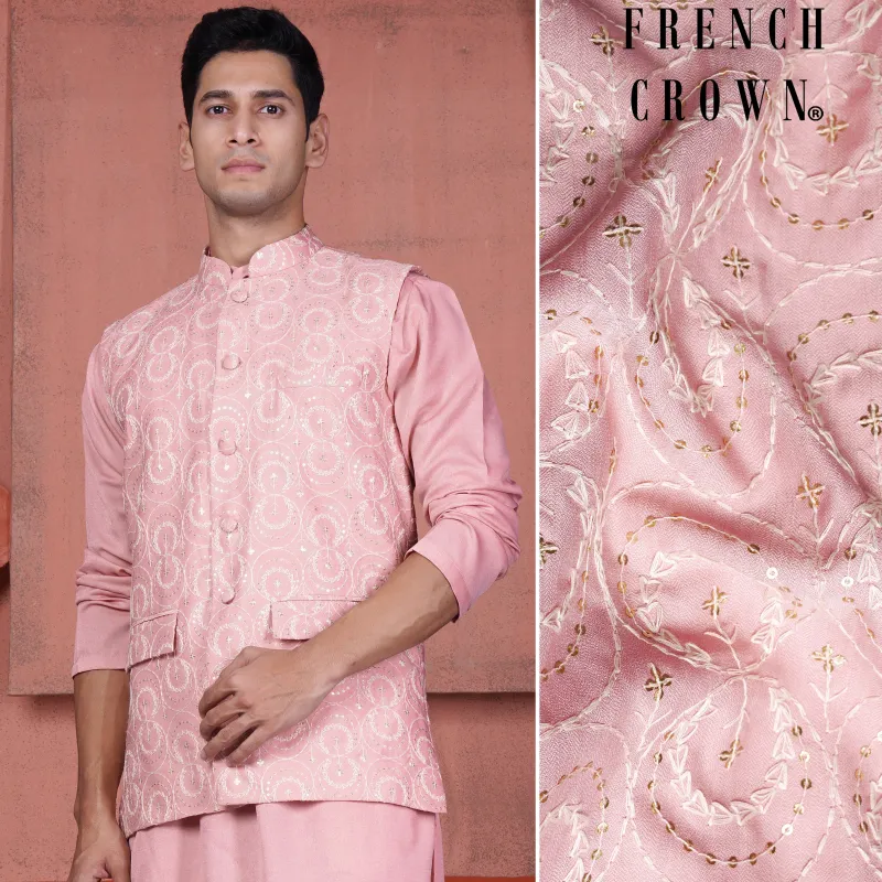 Careys Pink Viscose Circular Cotton Thread Embroidered Designer Nehru Jacket sold by French Crown