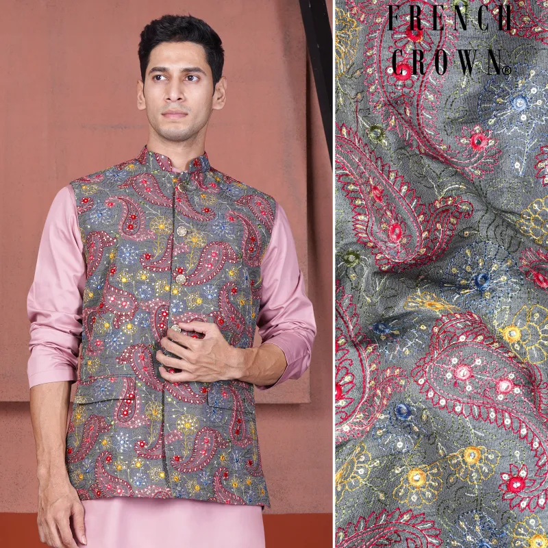 Nickel Gray and Brink Pink Paisley Cotton Thread Embroidered Designer Nehru Jacket sold by French Crown