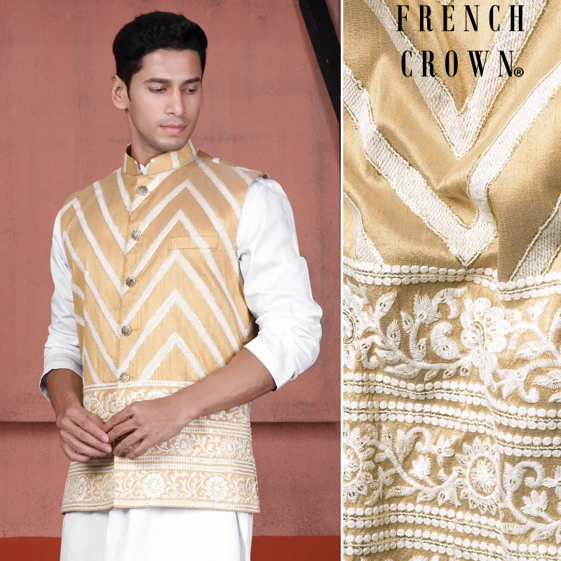 Antique Brown and Merino Cream Zig Zag Cotton Thread Embroidered Designer Nehru Jacket sold by French Crown